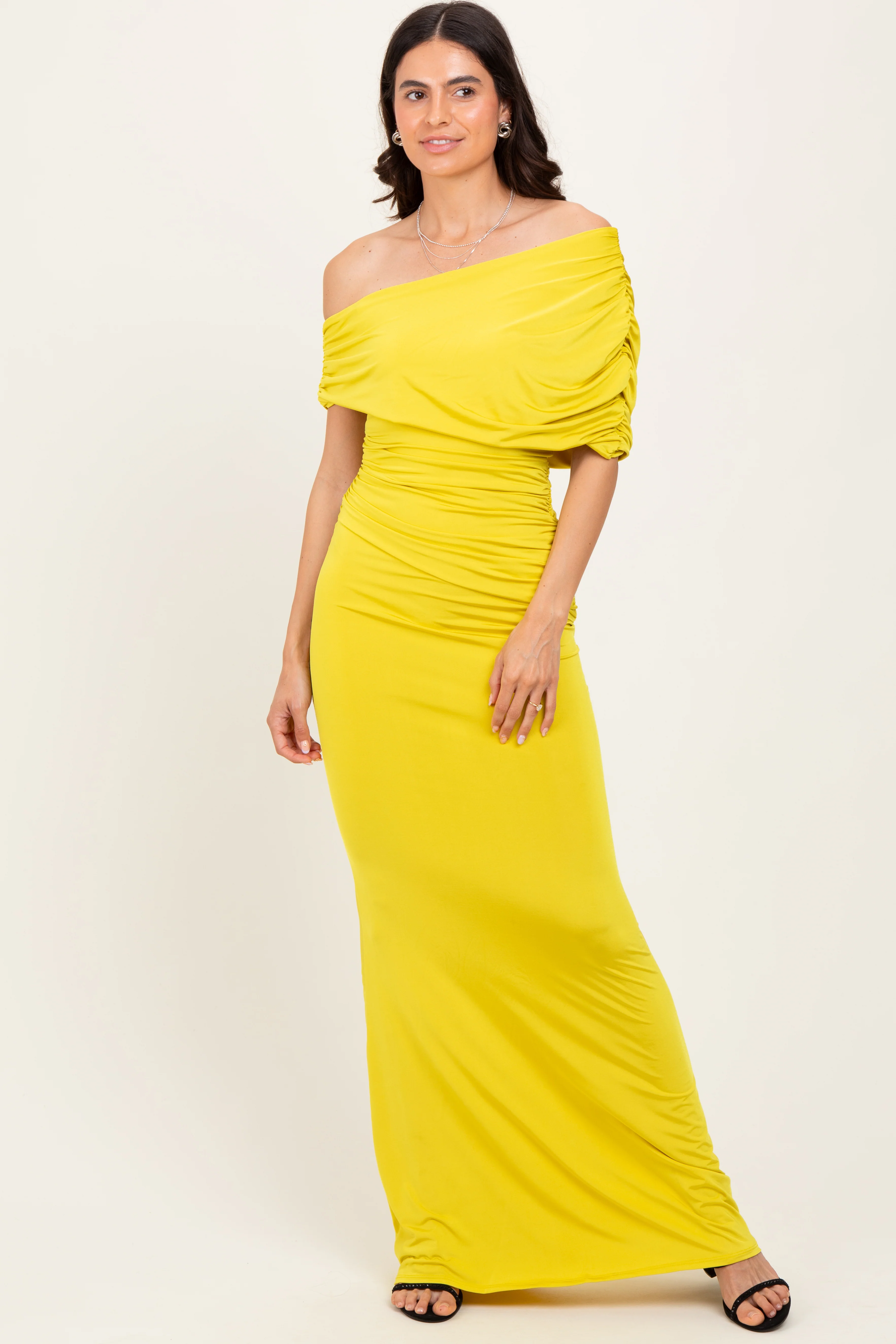 Lime Off Shoulder Foldover Ruched Maxi Dress - Image 2