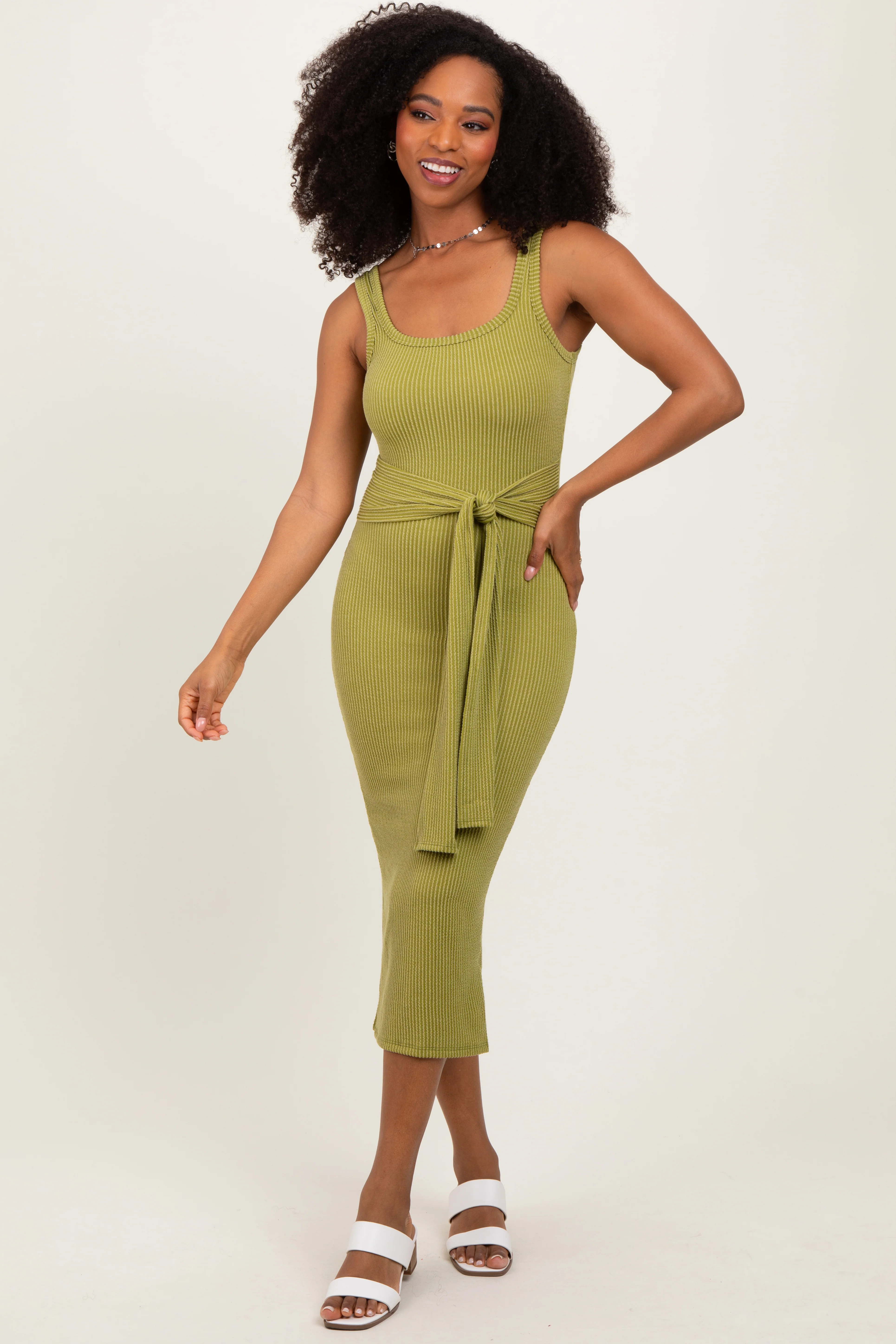 Lime Ribbed Front Tie Sleeveless Maternity Midi Dress - Image 5