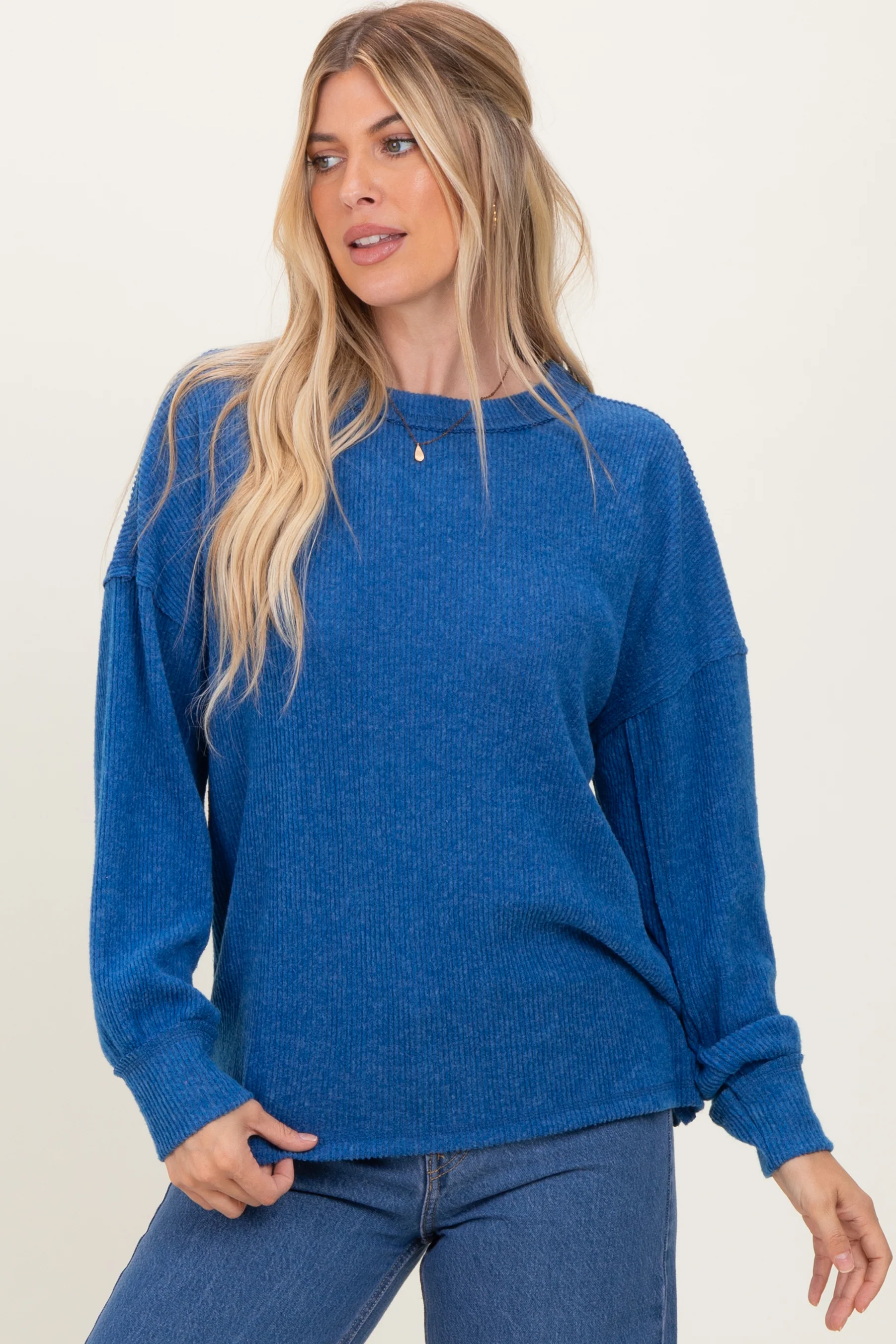 Lt Navy Brushed Ribbed Knit Maternity Pullover - Image 4