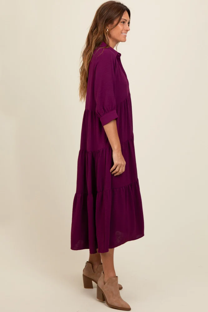 Magenta Collared Button Up Tiered Midi Dress - Image 3