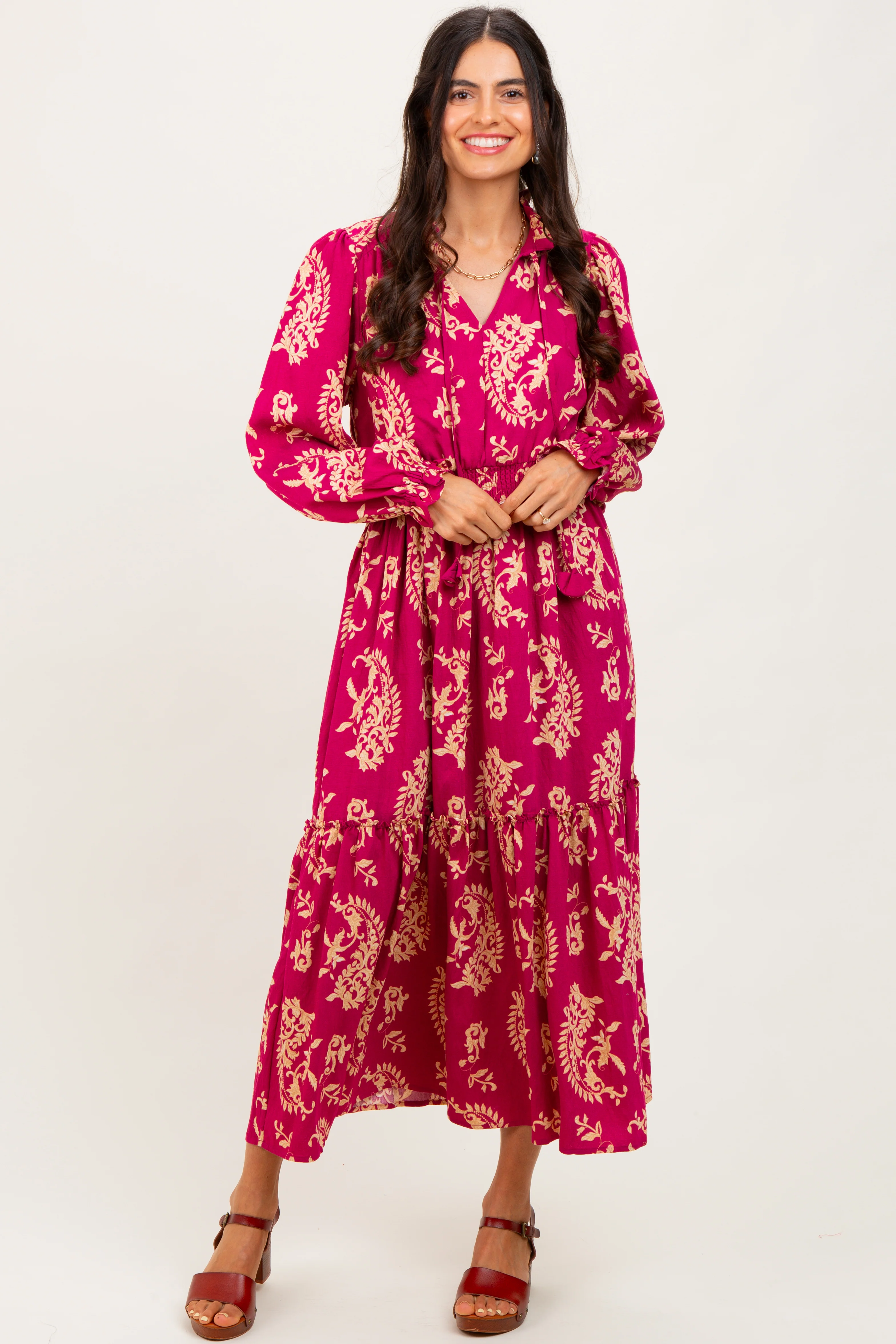 Magenta Damask Front Tie Smocked Waist Maternity Midi Dress - Image 5