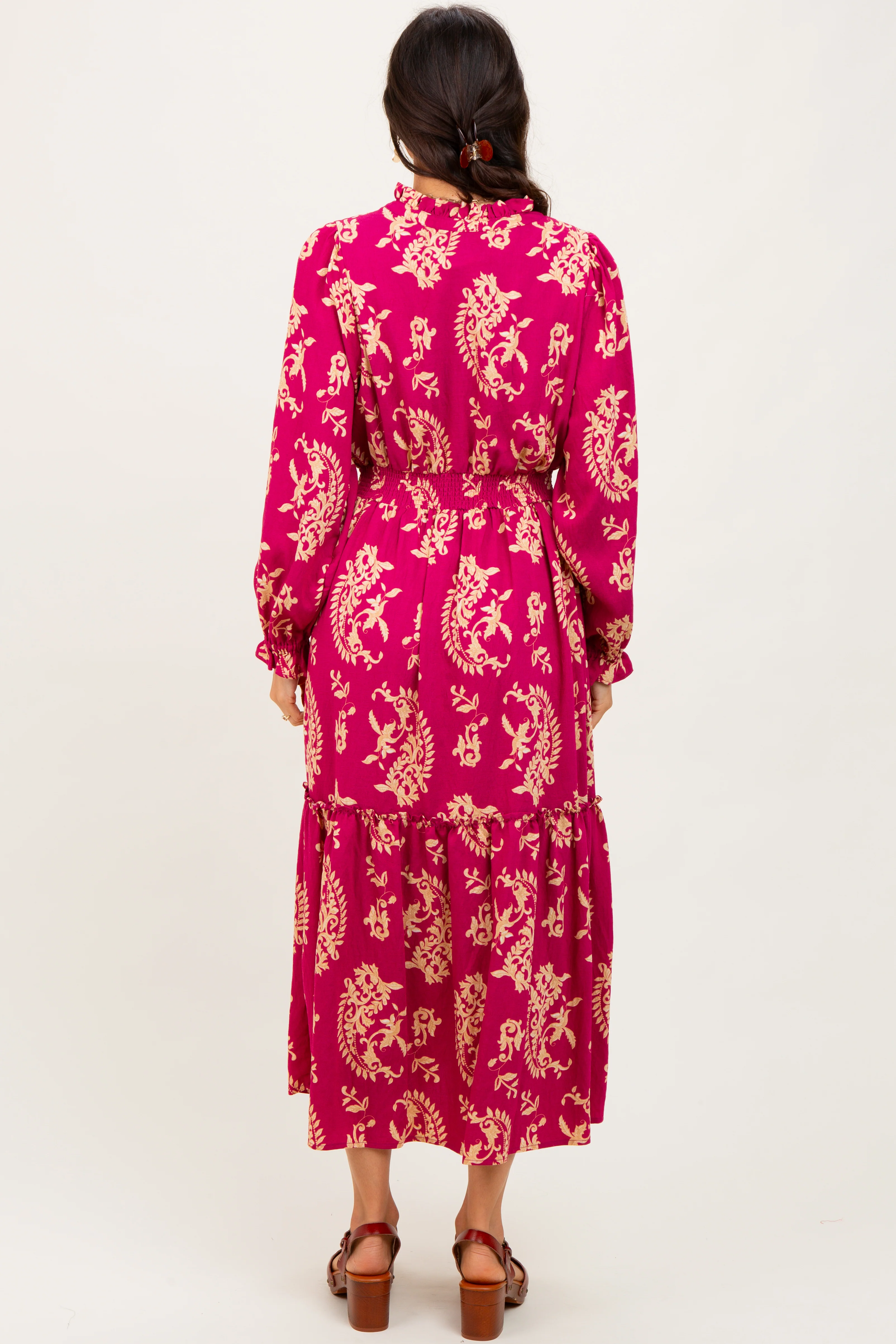 Magenta Damask Front Tie Smocked Waist Midi Dress - Image 3