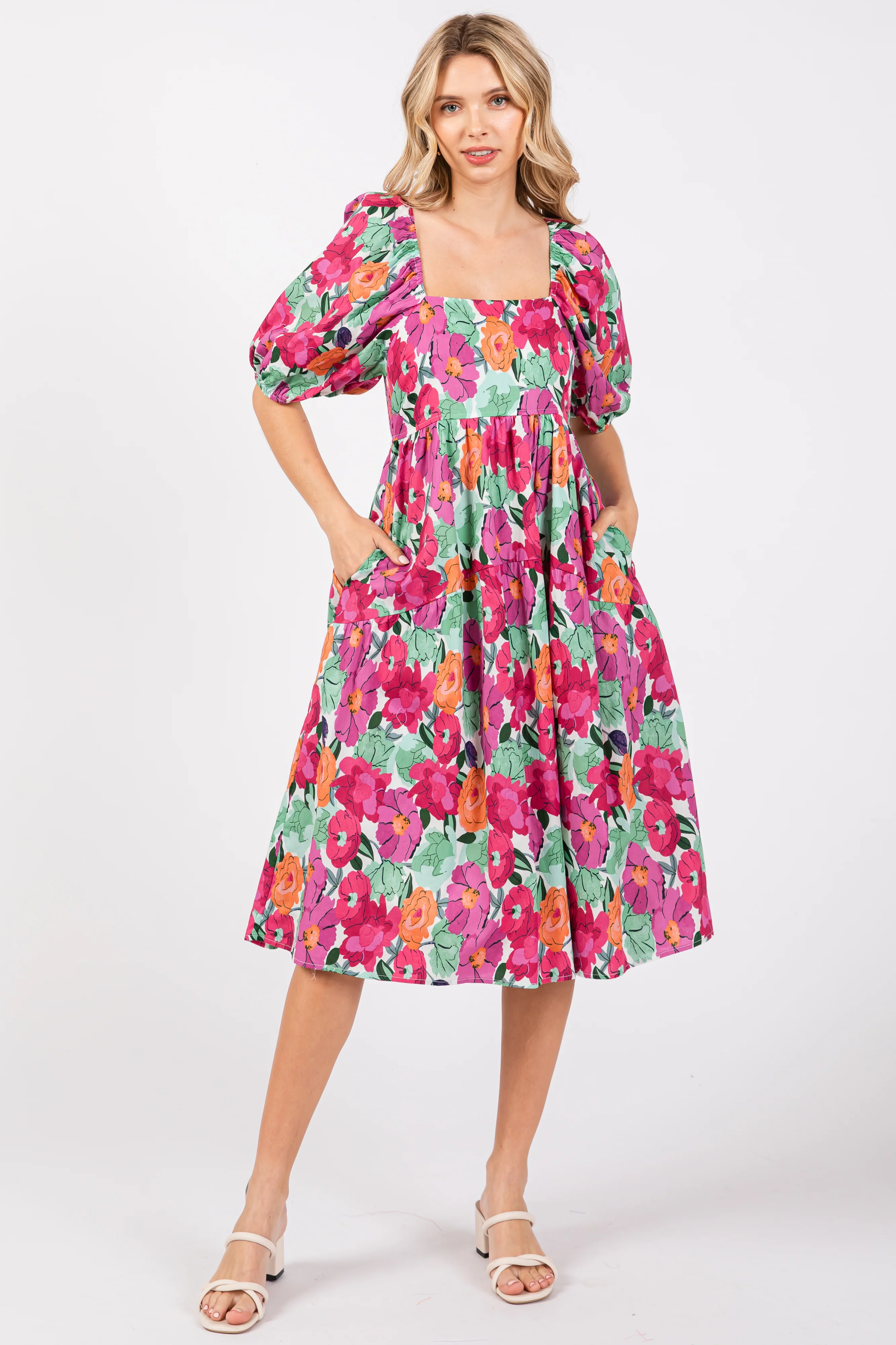 Magenta Floral Print Puff Sleeve Maternity Dress - Image 3