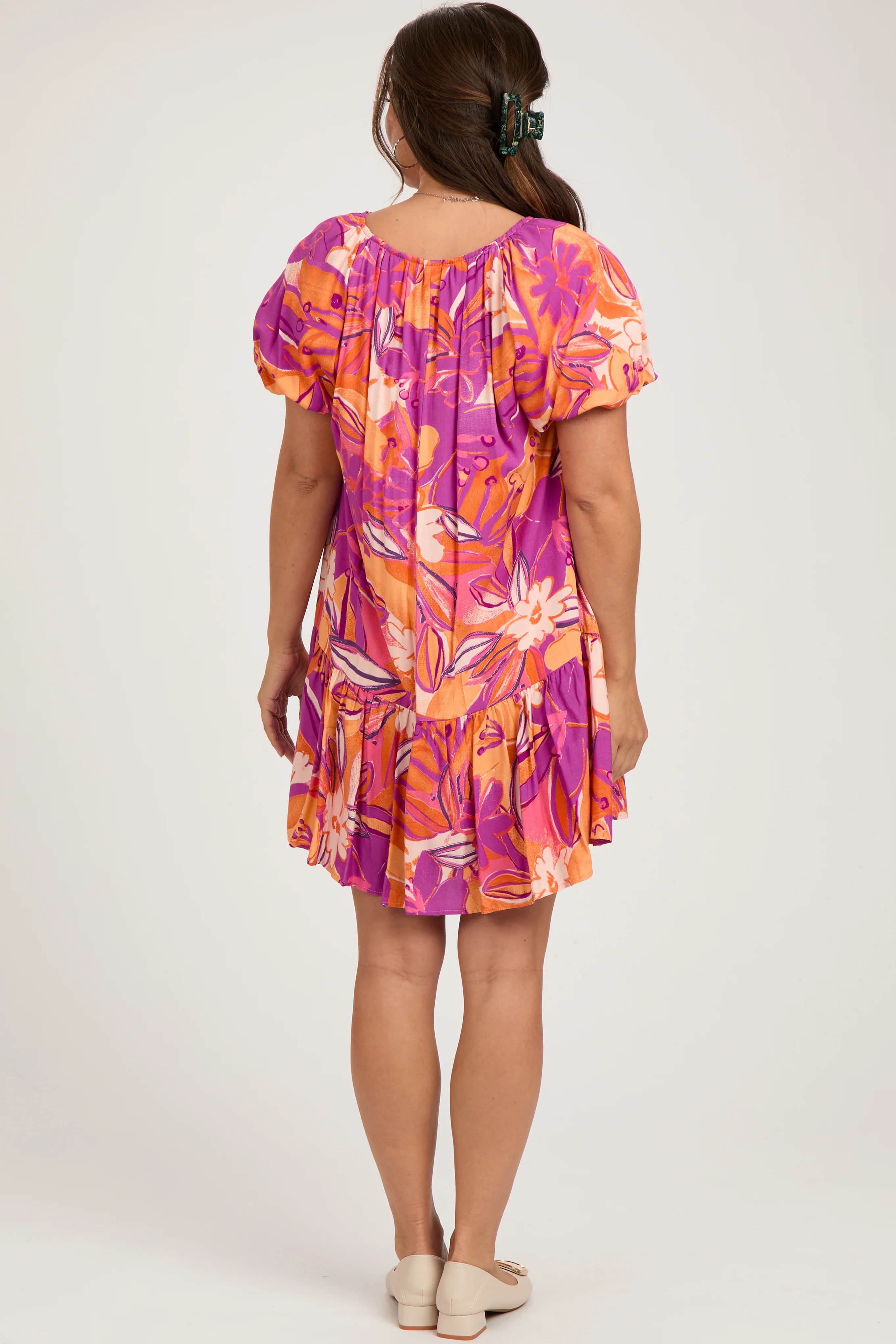Magenta Floral Puff Sleeve Maternity Dress - Image 4