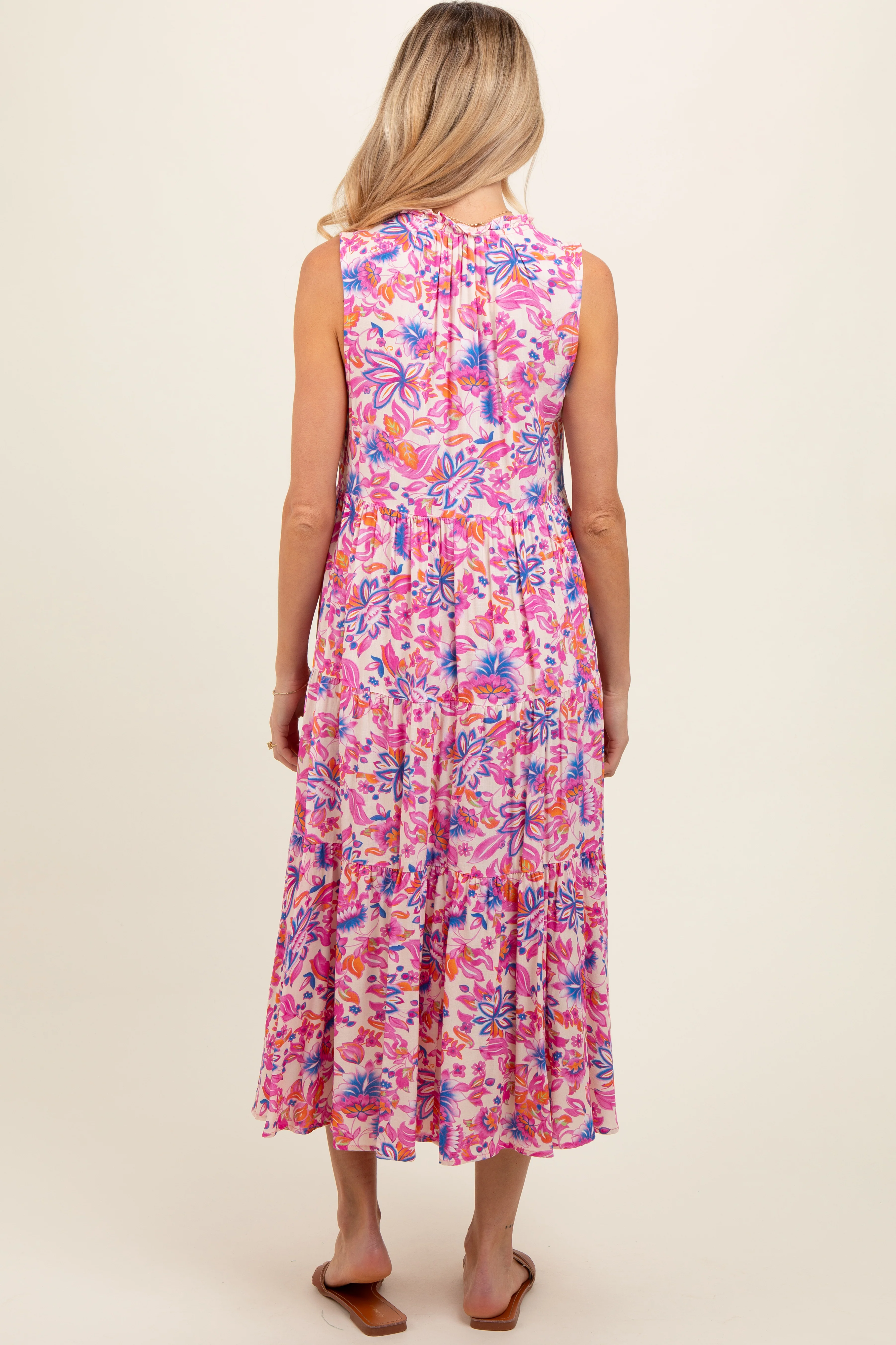 Magenta Floral Ruffle Mock Neck Tiered Sleeveless Maternity Midi Dress - Image 4