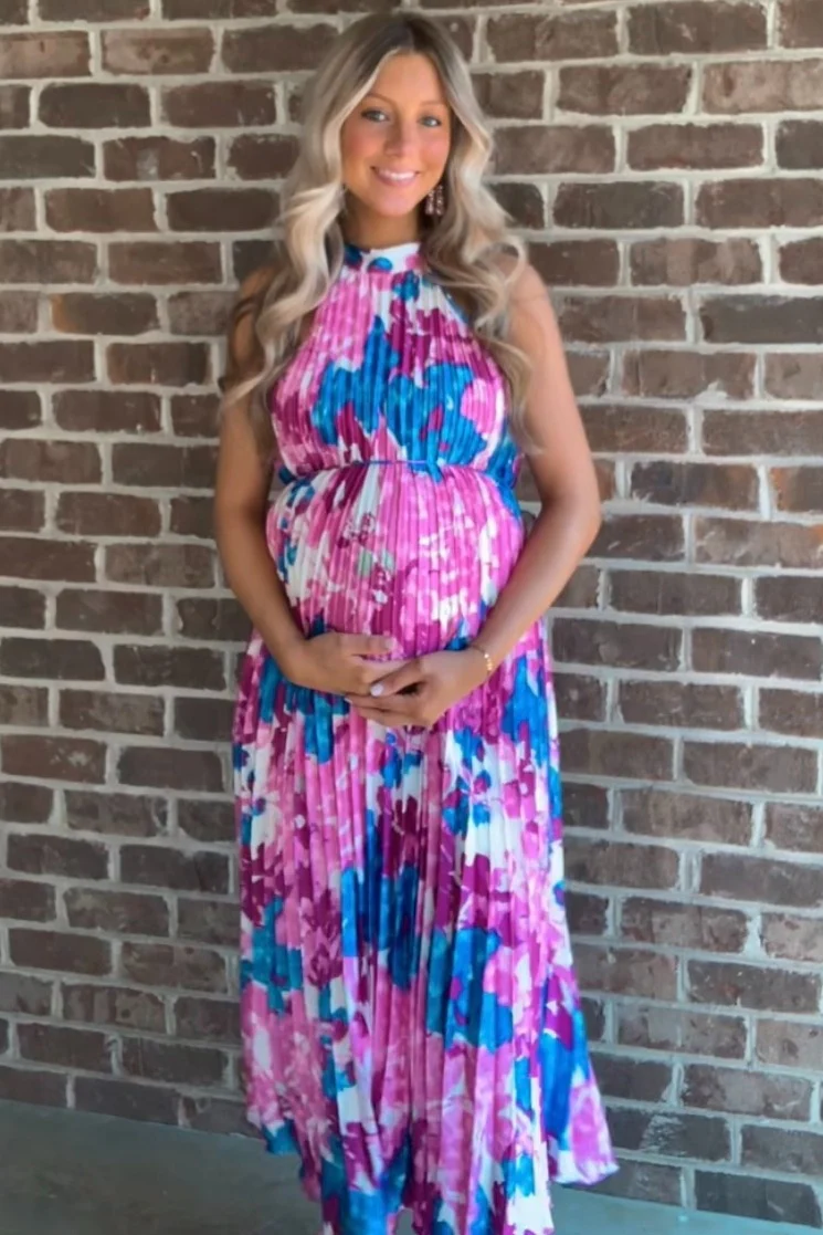 Magenta Floral Satin Pleated Halter Neck Maternity Midi Dress - Image 5