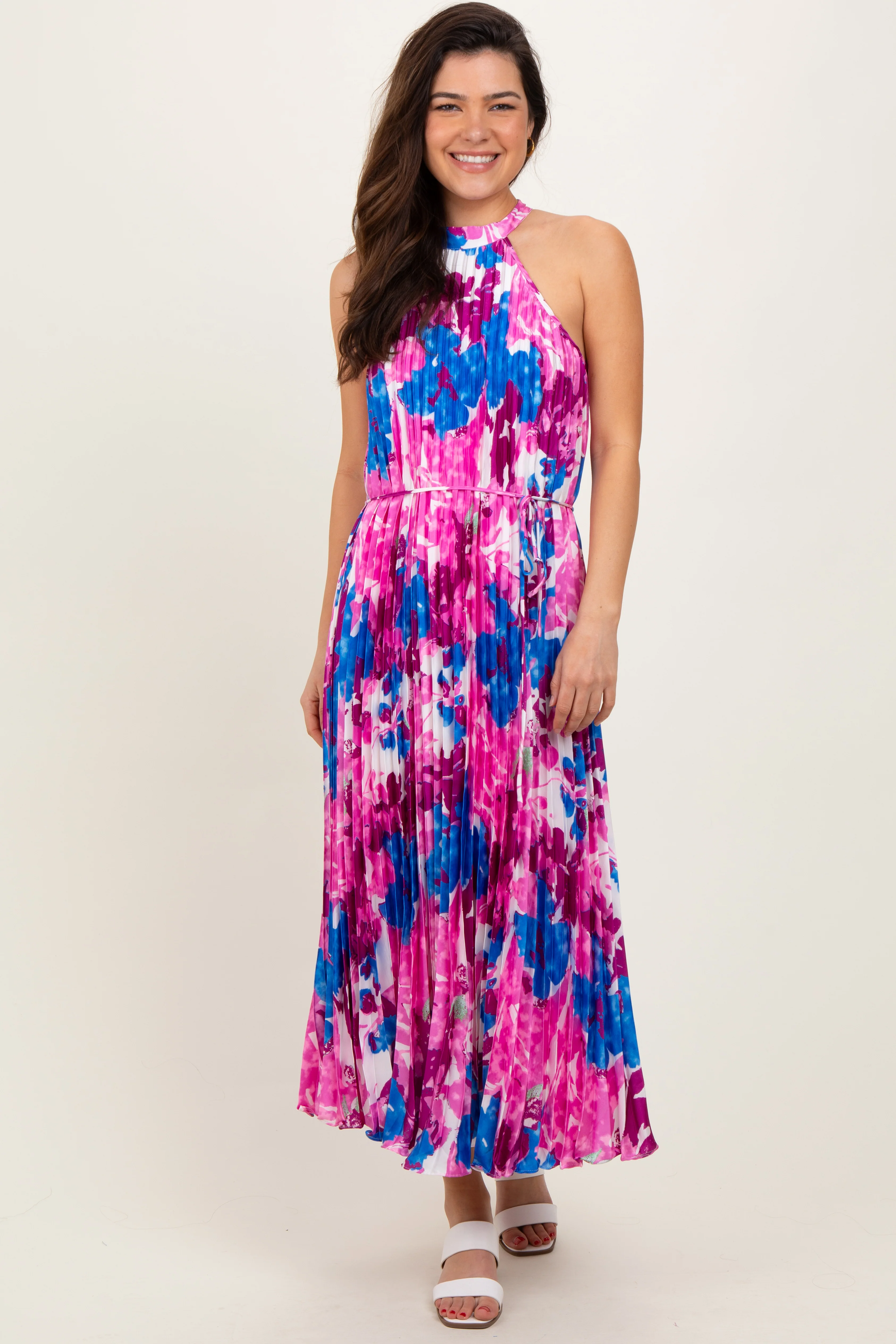 Magenta Floral Satin Pleated Halter Neck Maternity Midi Dress - Image 6
