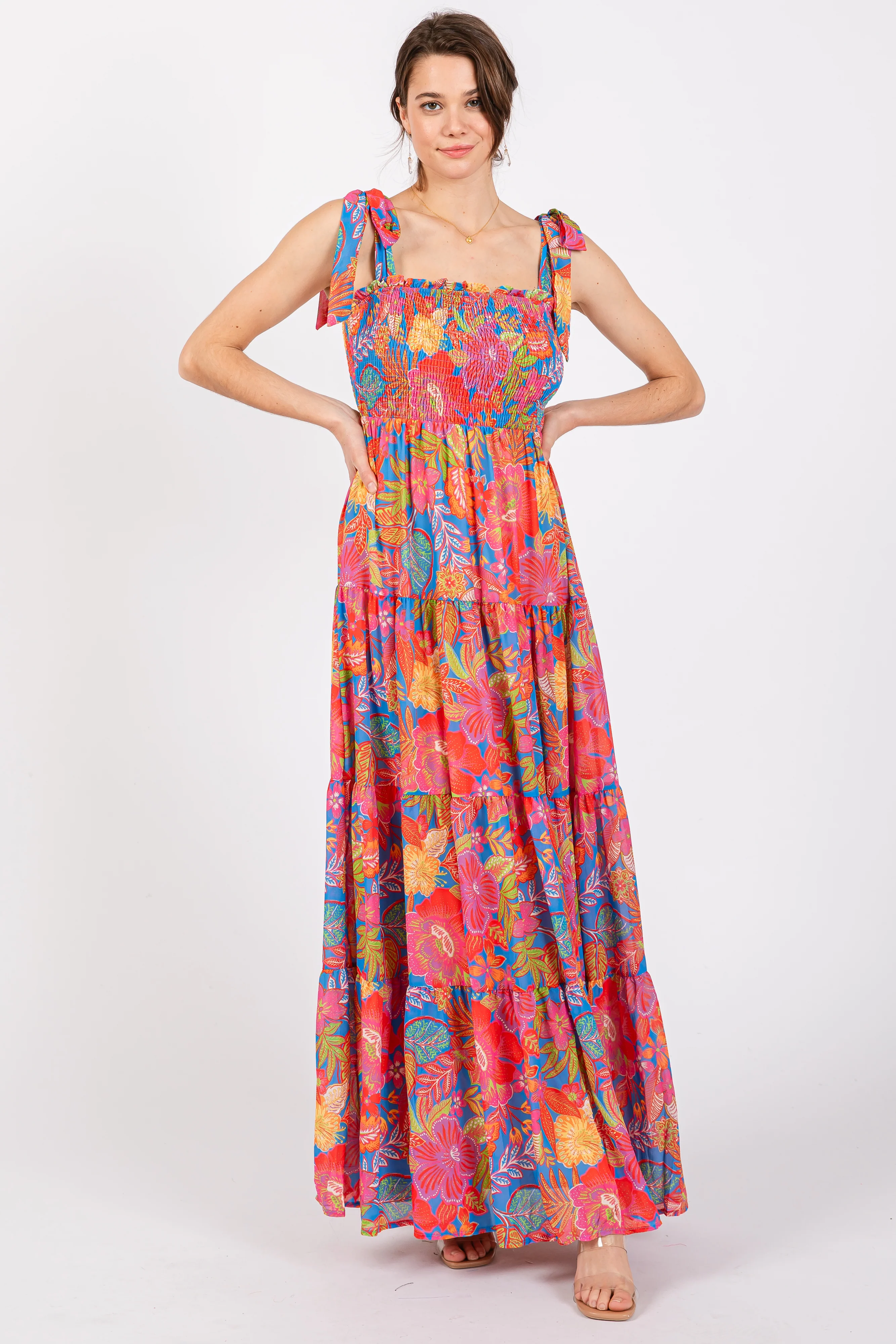 Magenta Floral Shoulder Tier Smocked Maternity Maxi Dress - Image 5