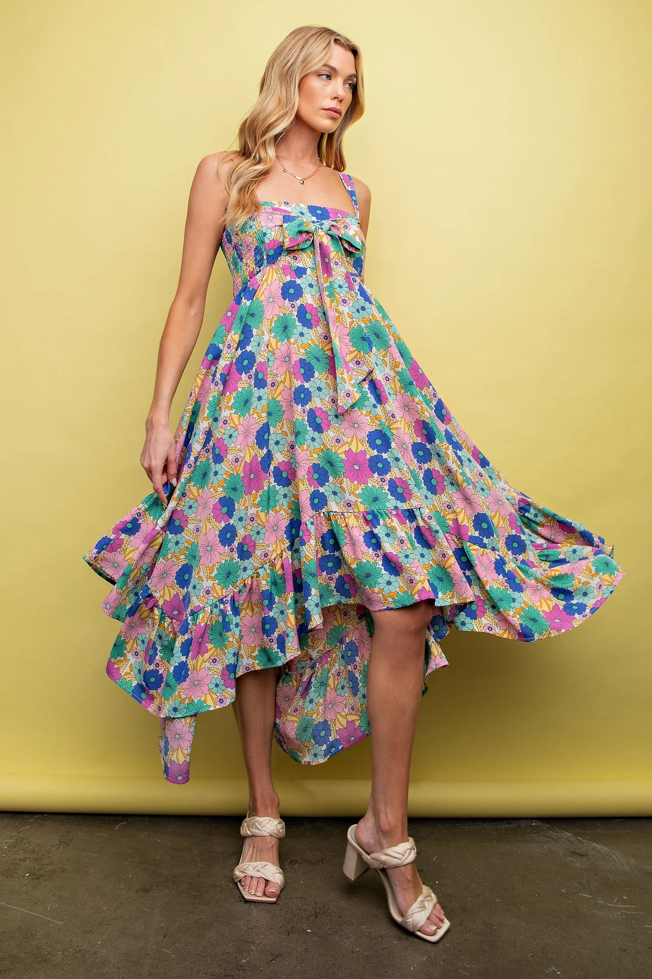 Magenta Floral Smocked Sleeveless Midi Dress - Image 2