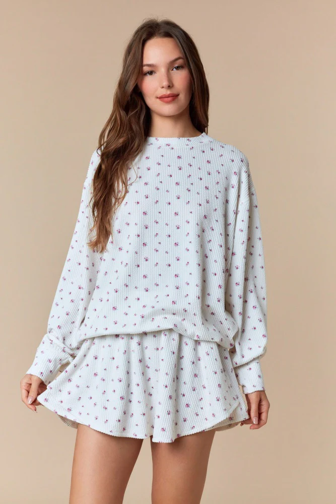Magenta Floral Waffle Knit Oversized Maternity Long Sleeve Top - Image 5