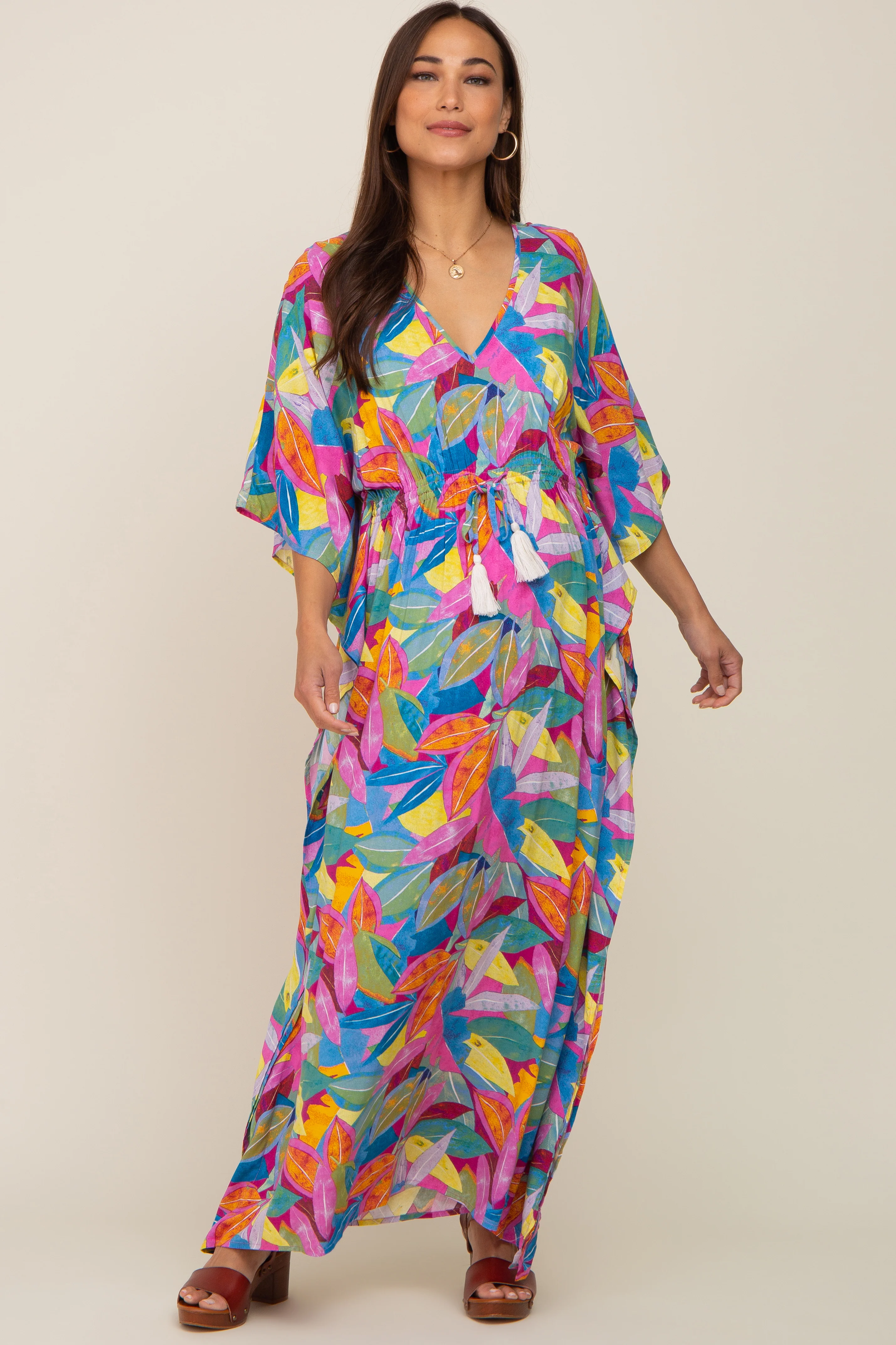 Magenta Multicolor Leaf Pint Tassel Tie Maternity Maxi Dress - Image 4