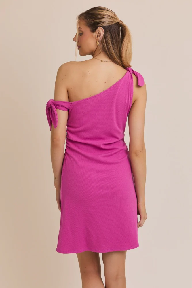 Magenta One Shoulder Tie Sleeveless Dress - Image 3