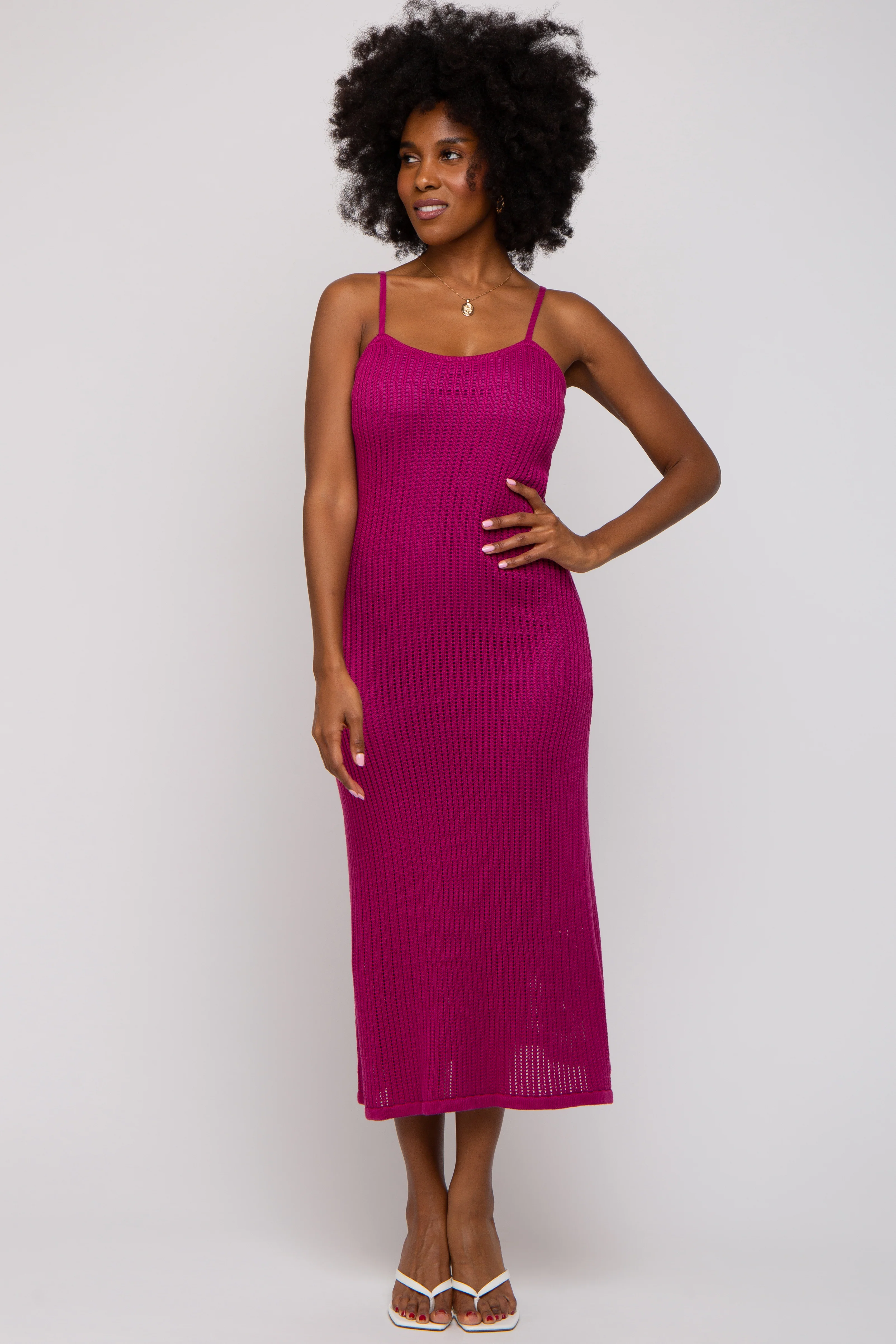 Magenta Open Knit Crochet Midi Dress - Image 5