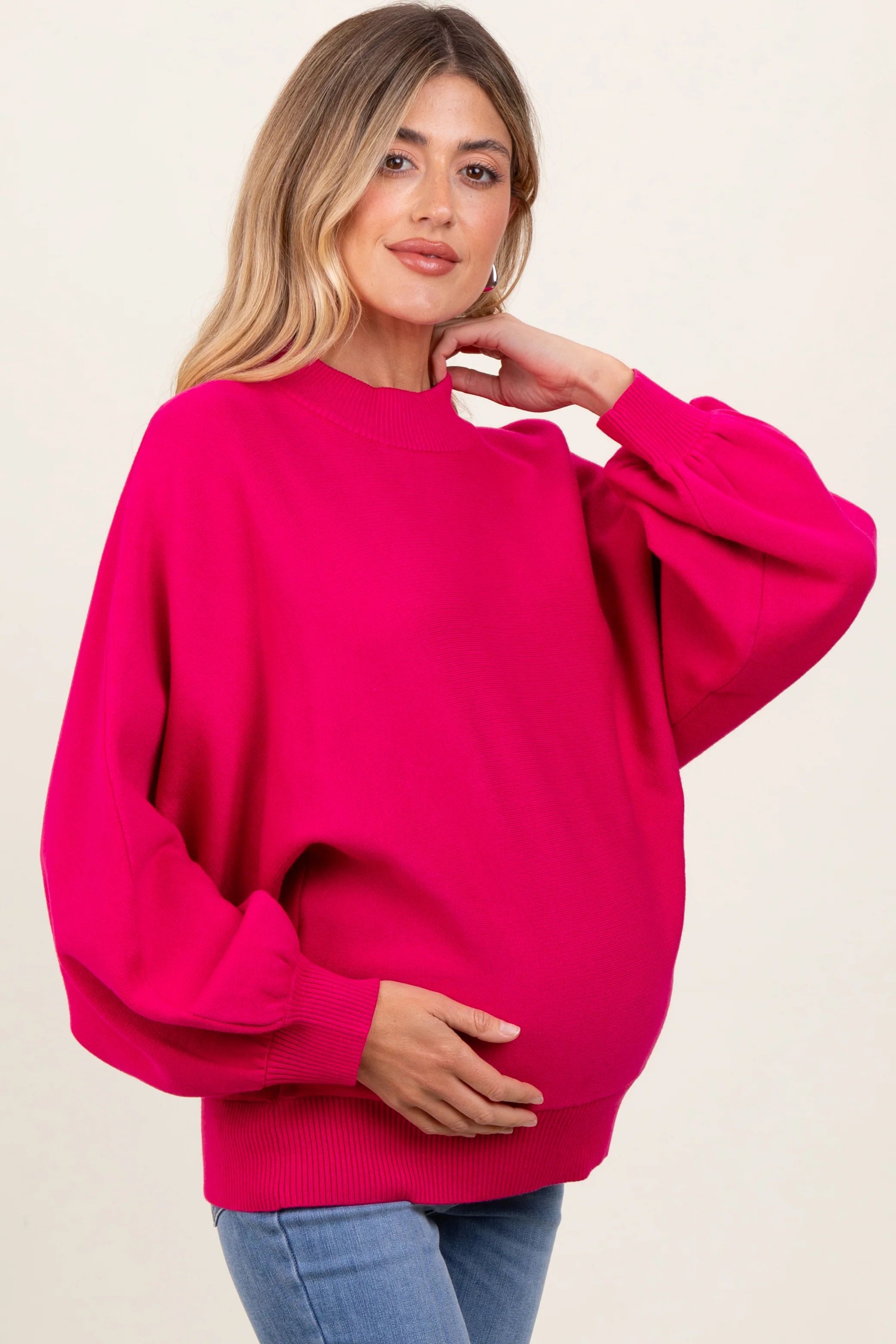 Magenta Oversized Bubble Sleeve Maternity Sweater - Image 3