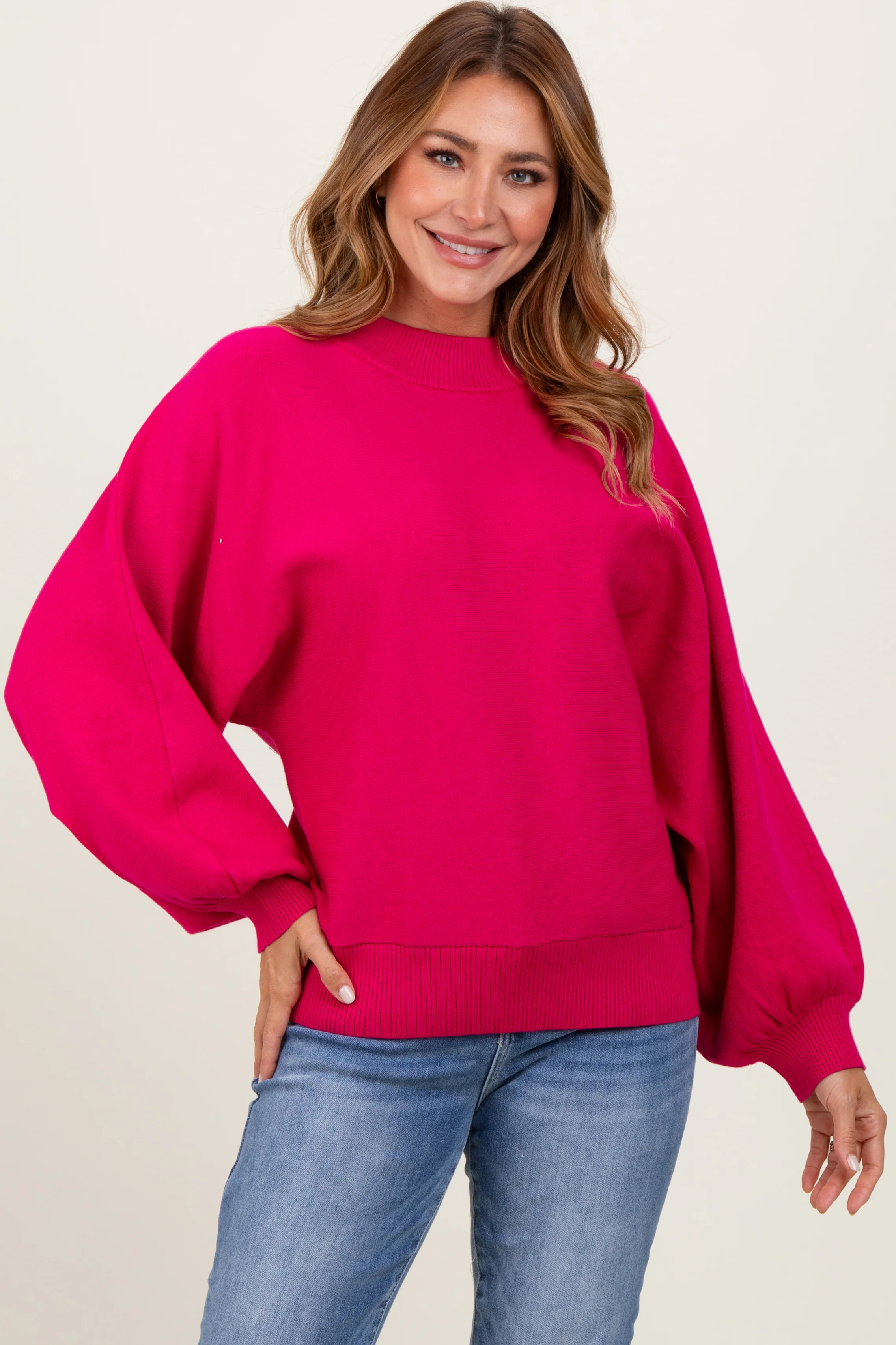 Magenta Oversized Bubble Sleeve Maternity Sweater - Image 5