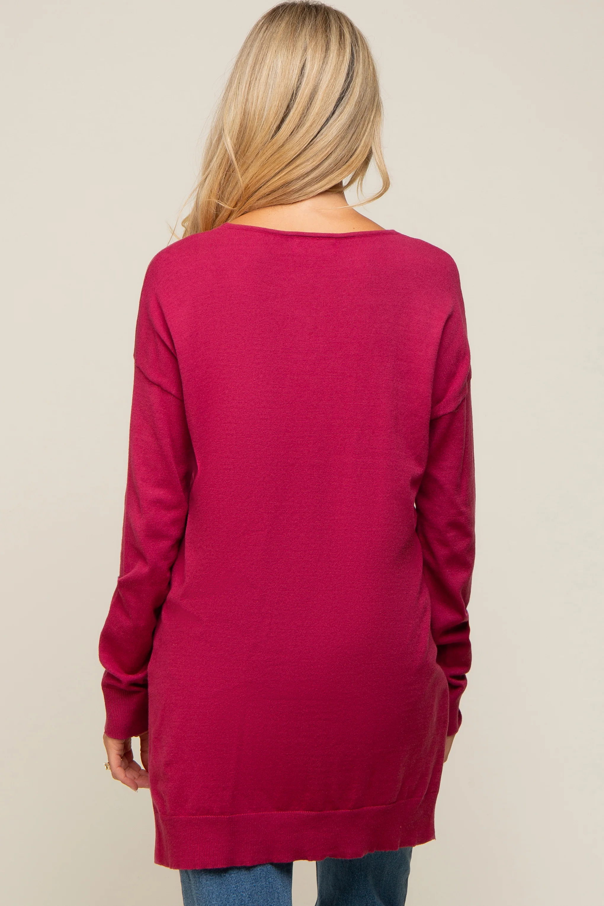 Magenta Oversized Knit Side Slit Maternity Top - Image 3