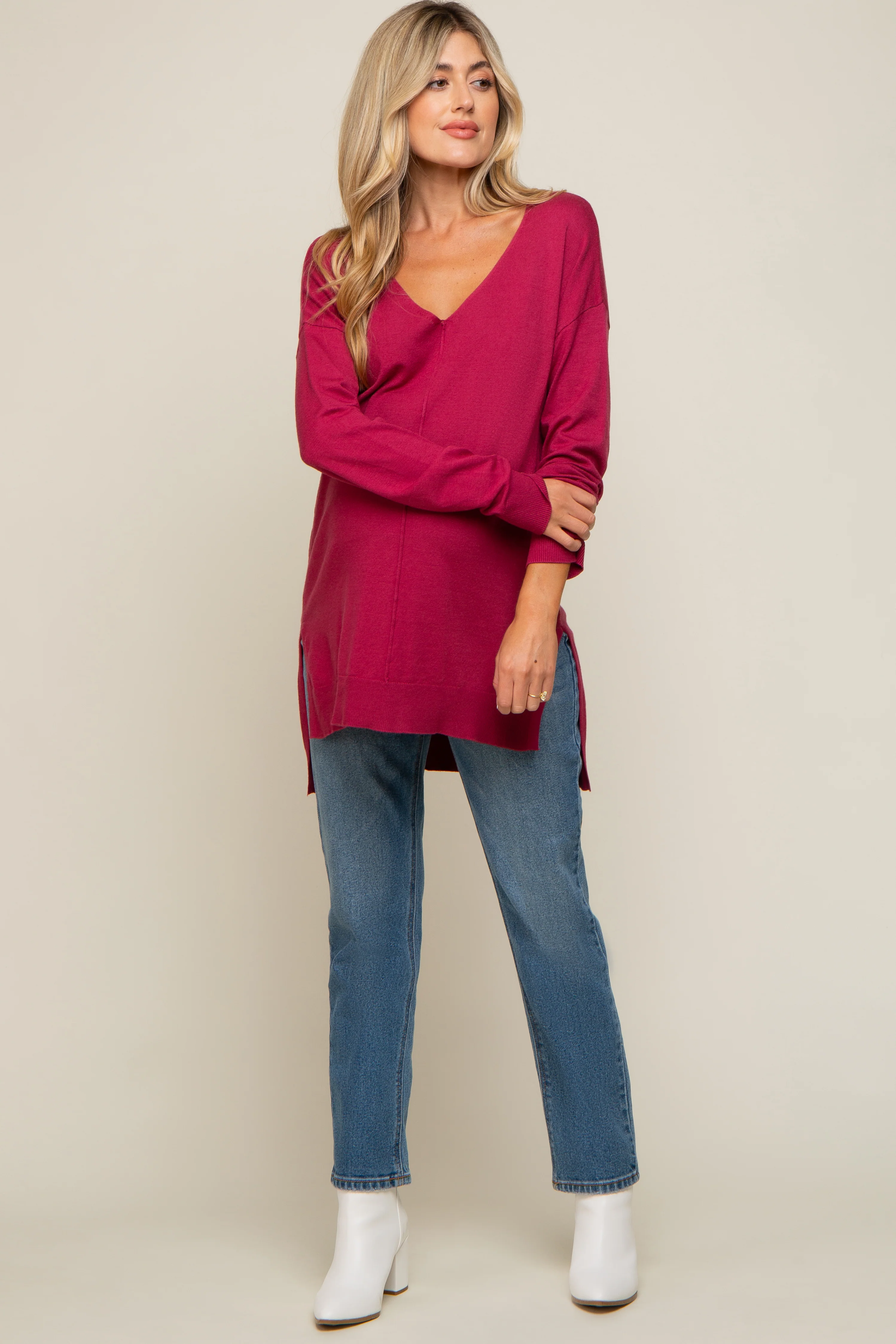 Magenta Oversized Knit Side Slit Maternity Top - Image 4