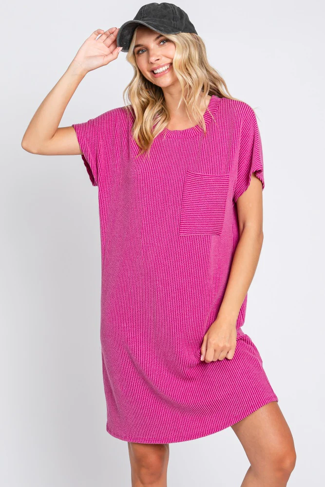 Magenta Ribbed Front Pocket Dolman Short Sleeve Maternity Dress - Image 5