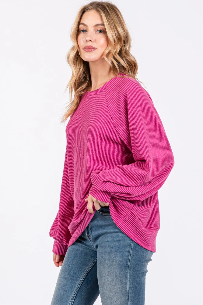 Magenta Ribbed Long Sleeve Maternity Top - Image 4