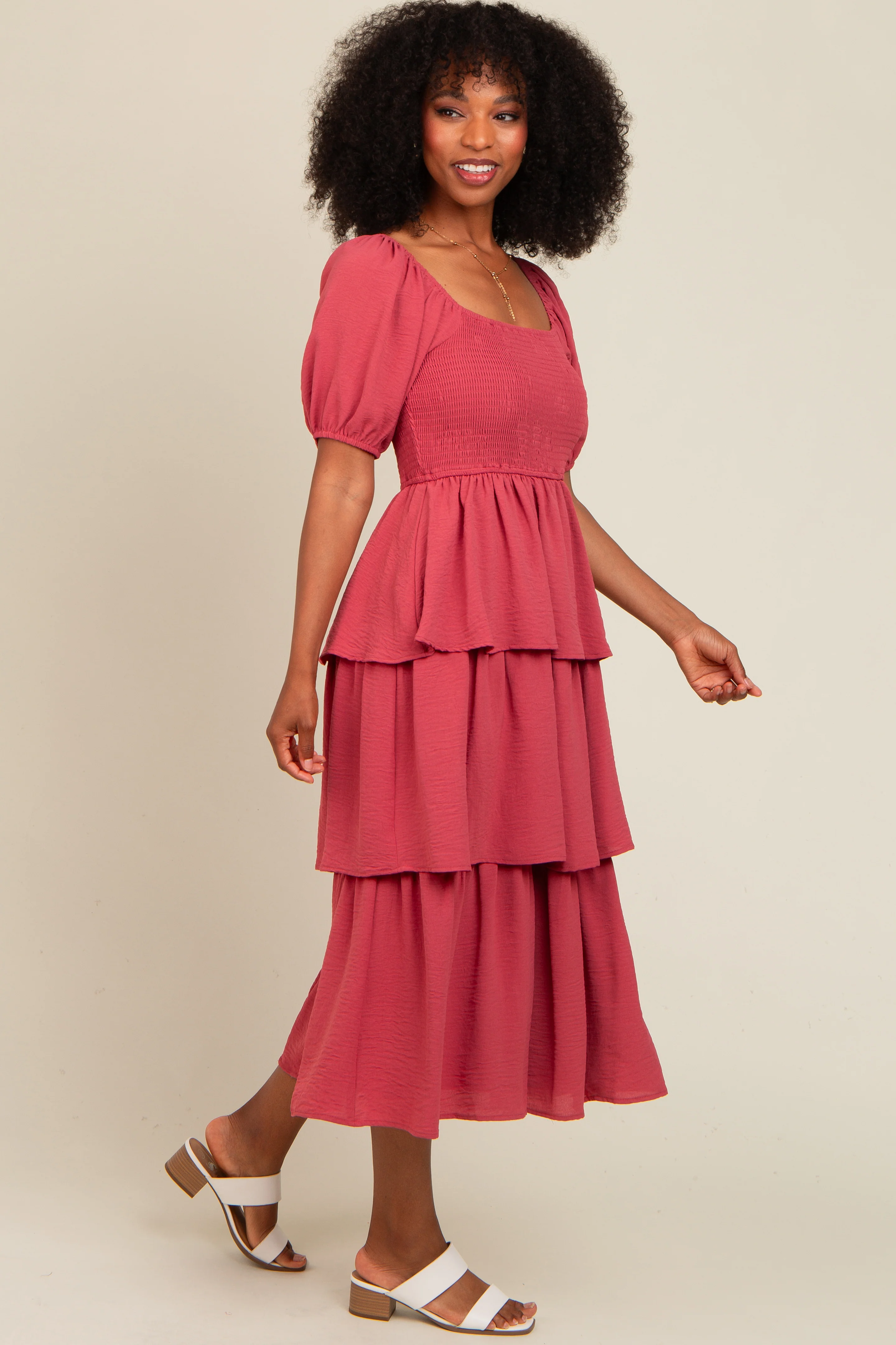 Magenta Smocked Body Ruffled Tiered Midi Dress - Image 3
