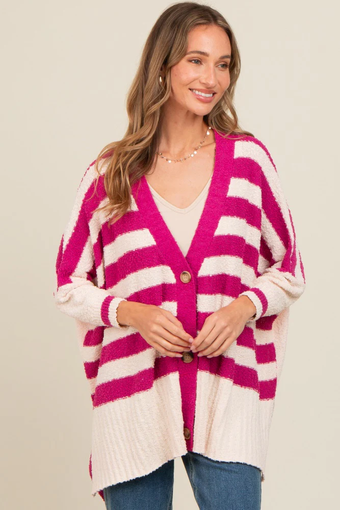 Magenta Textured Knit Striped Oversized Maternity Cardigan - Image 5