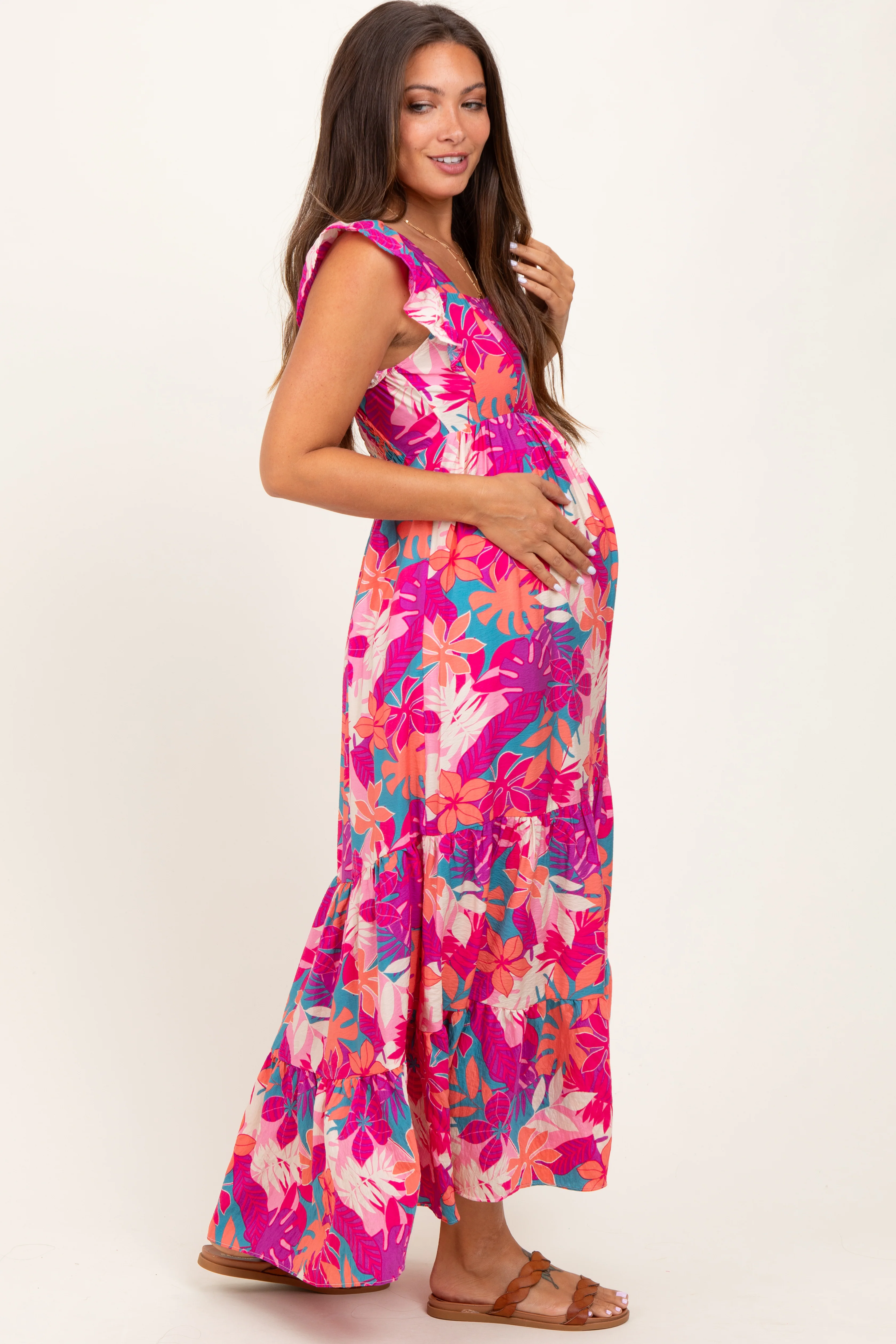 Magenta Tropical Floral Tiered Maternity Maxi Dress - Image 3