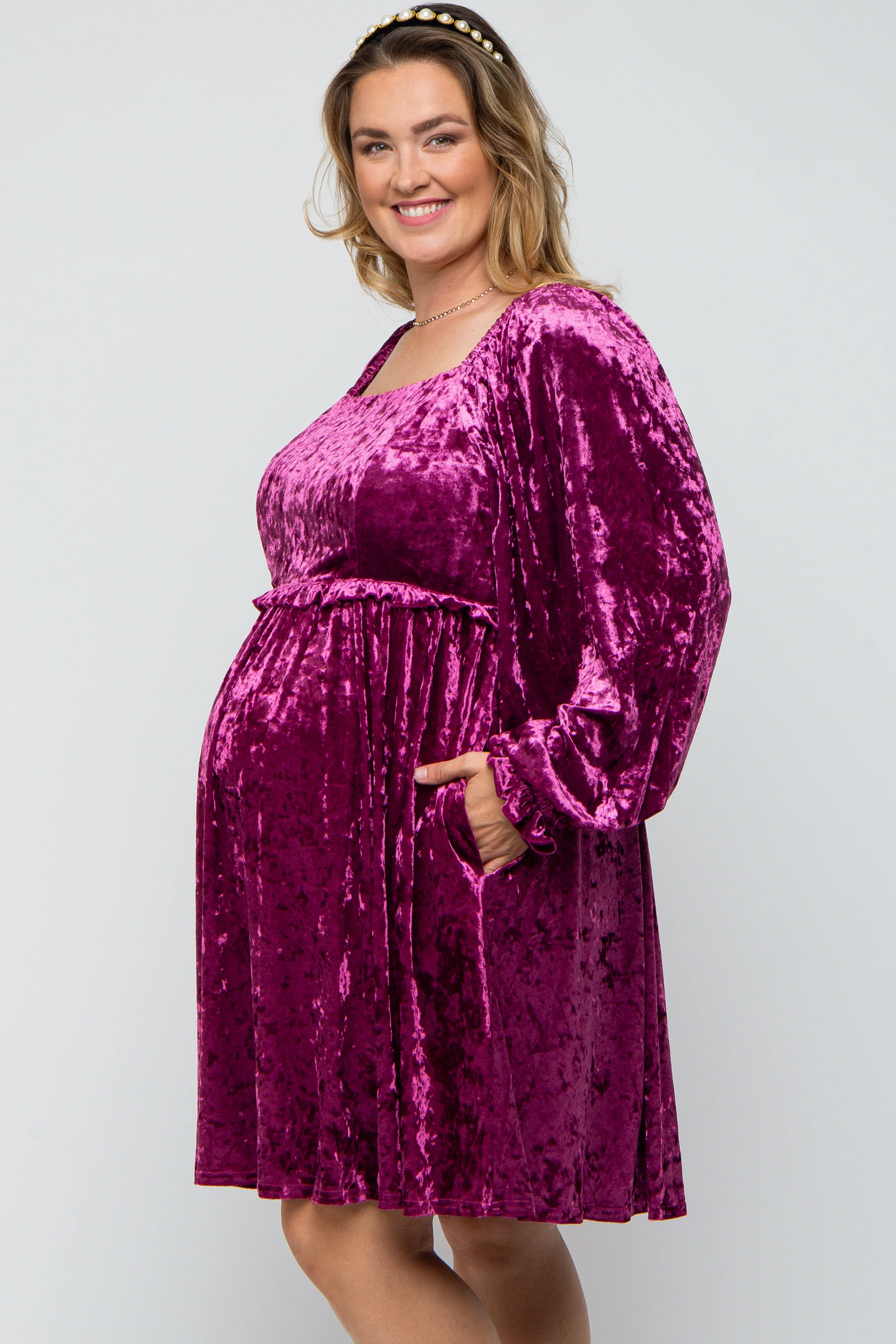 Magenta Velour Square Neck Maternity Plus Dress - Image 3