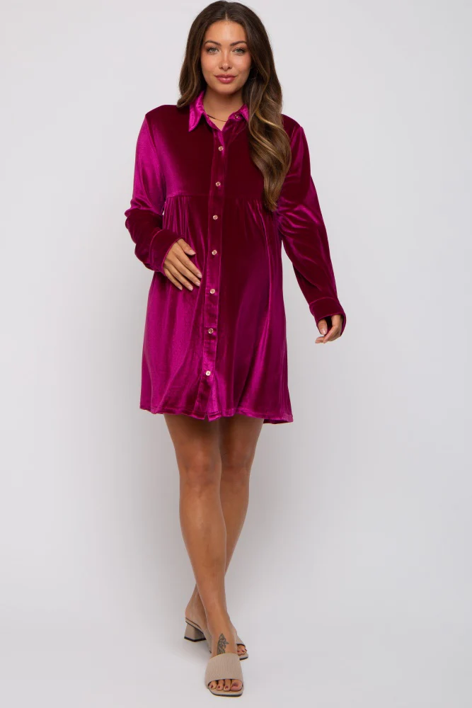 Magenta Velvet Button Down Maternity Dress - Image 4