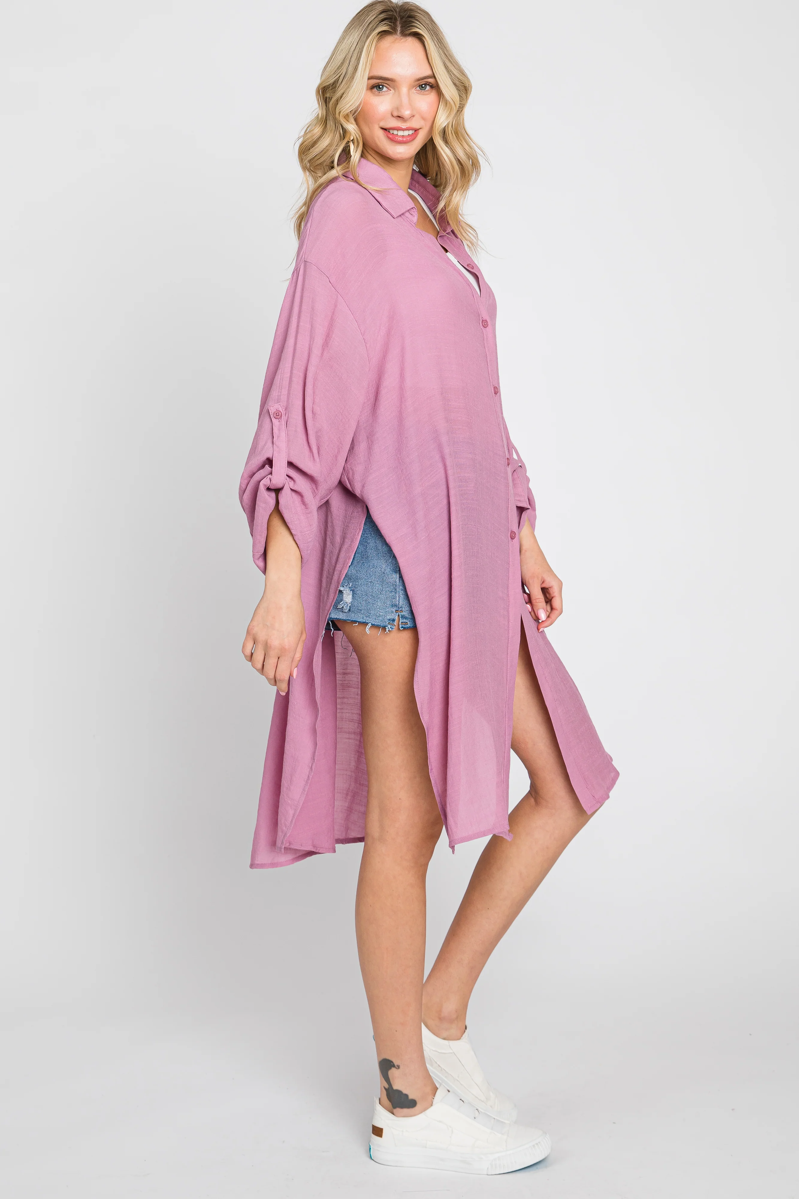 Mauve Button Front Side Slit Oversized Blouse - Image 3