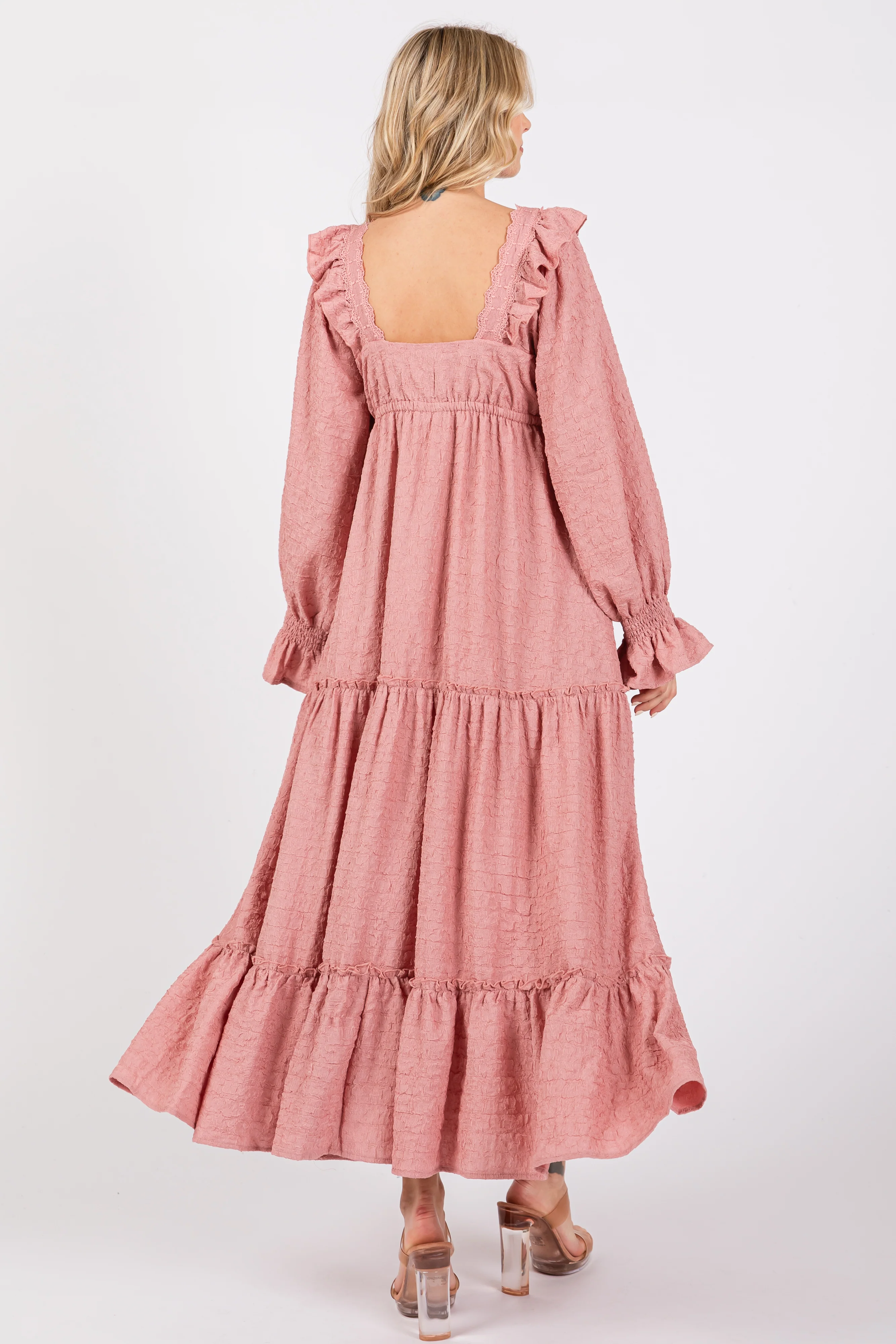 Mauve Button Pleated Front Square Neck Ruffle Tiered Maxi Dress - Image 3