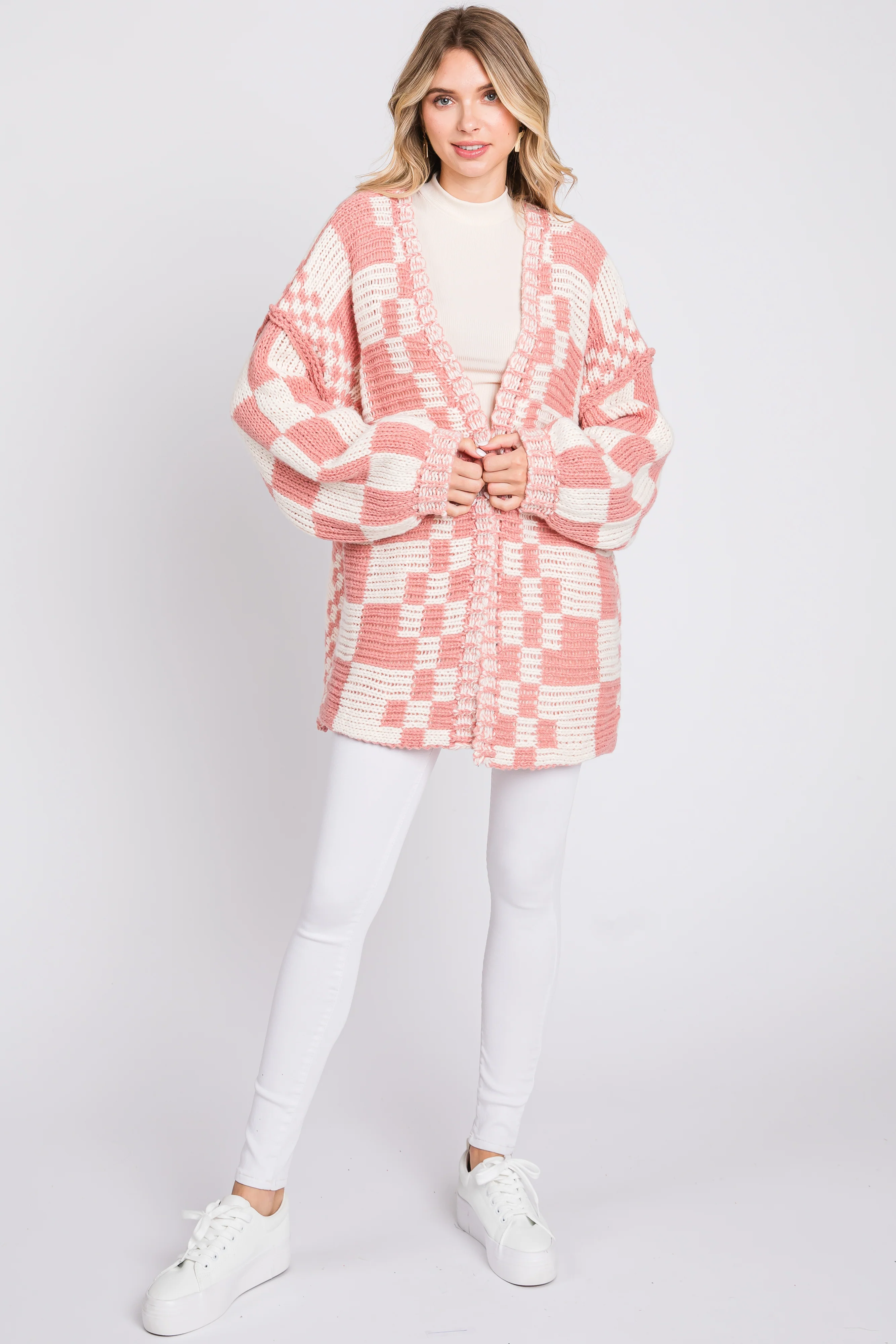 Mauve Checkered Oversized Chunky Knit Cardigan - Image 4