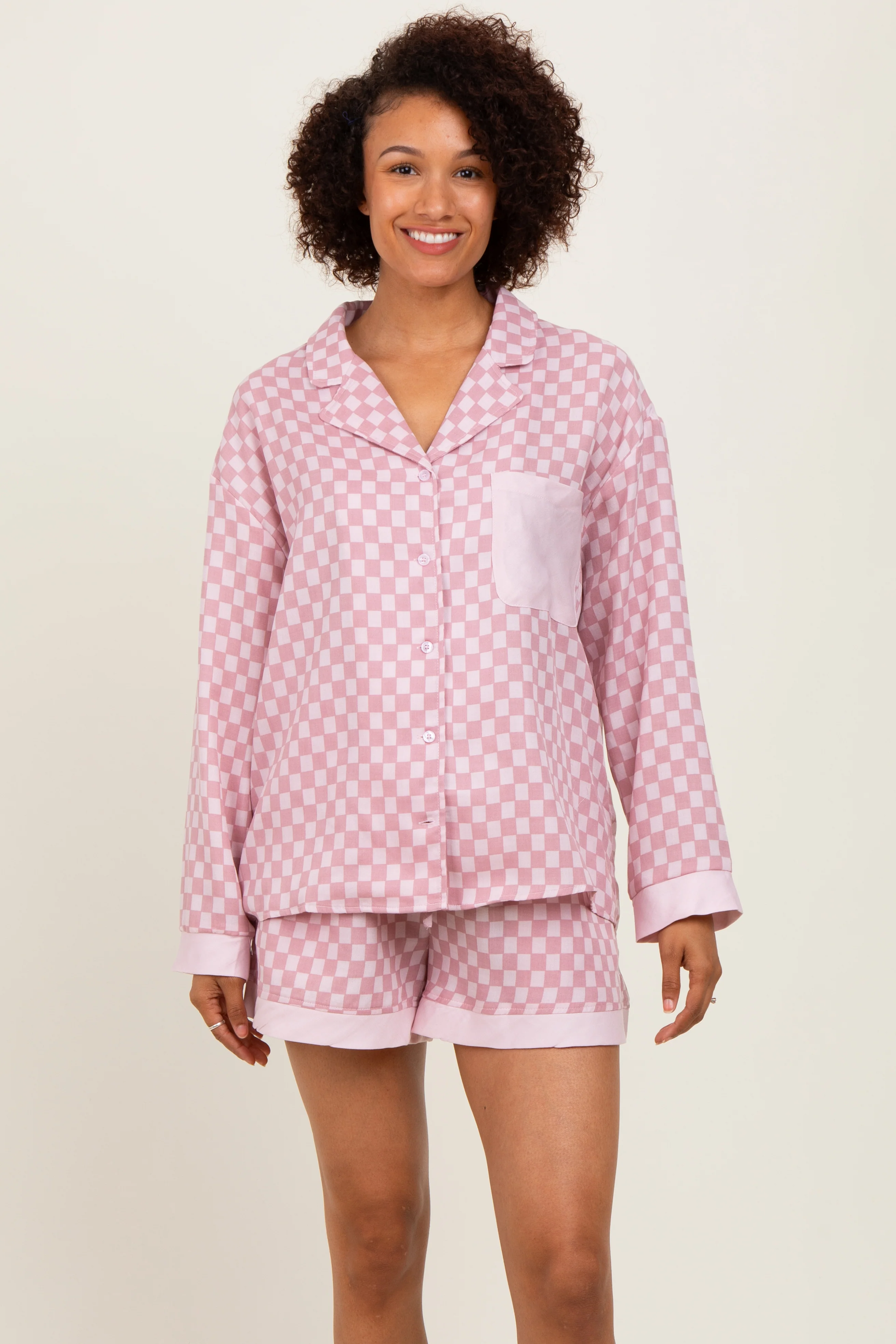 Mauve Checkered Print Pajama Shorts Maternity Set - Image 5