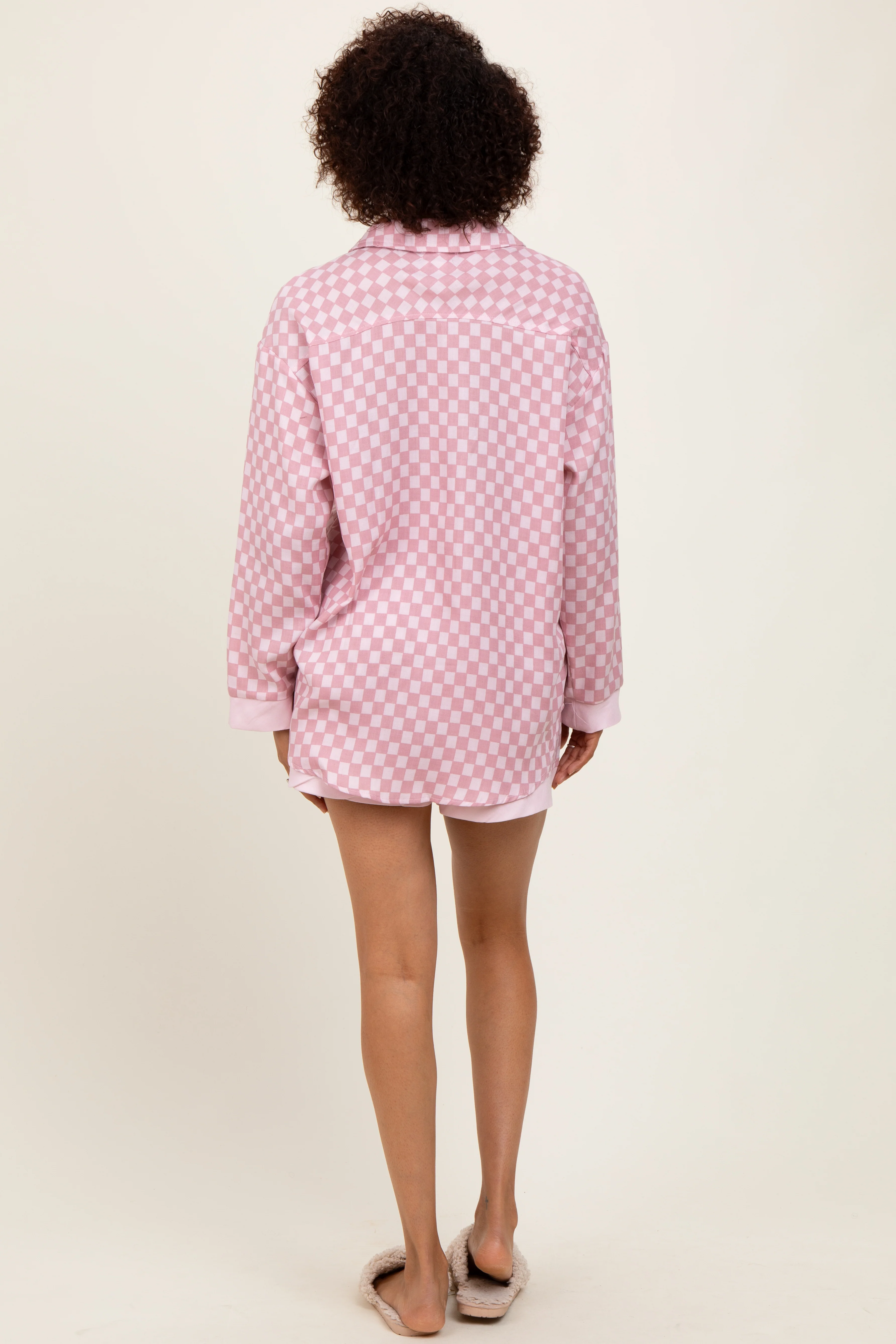 Mauve Checkered Print Pajama Shorts Set - Image 4