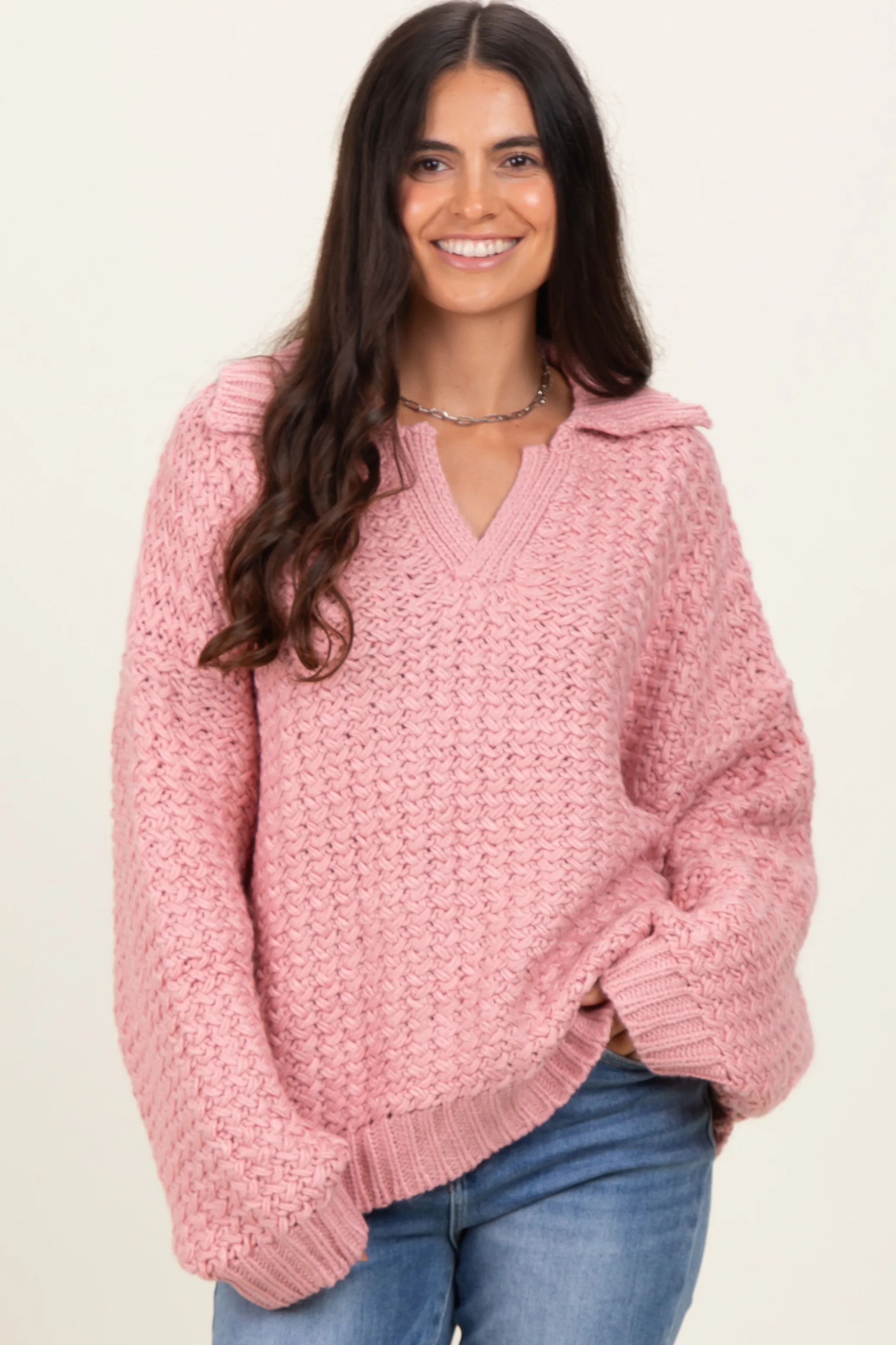 Mauve Collared Cable Knit Maternity Sweater - Image 4