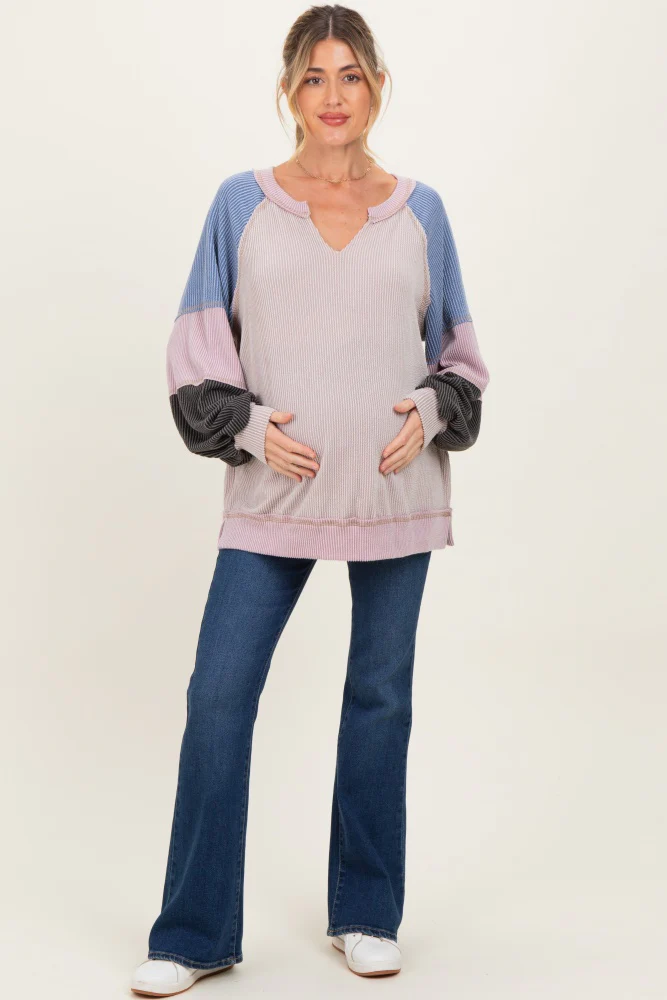 Mauve Color Block Long Sleeve V-Neck Maternity Top - Image 2