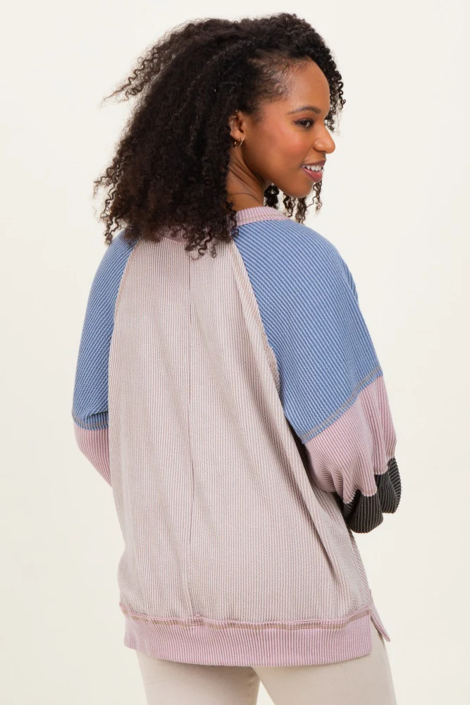 Mauve Color Block Long Sleeve V-Neck Top - Image 4