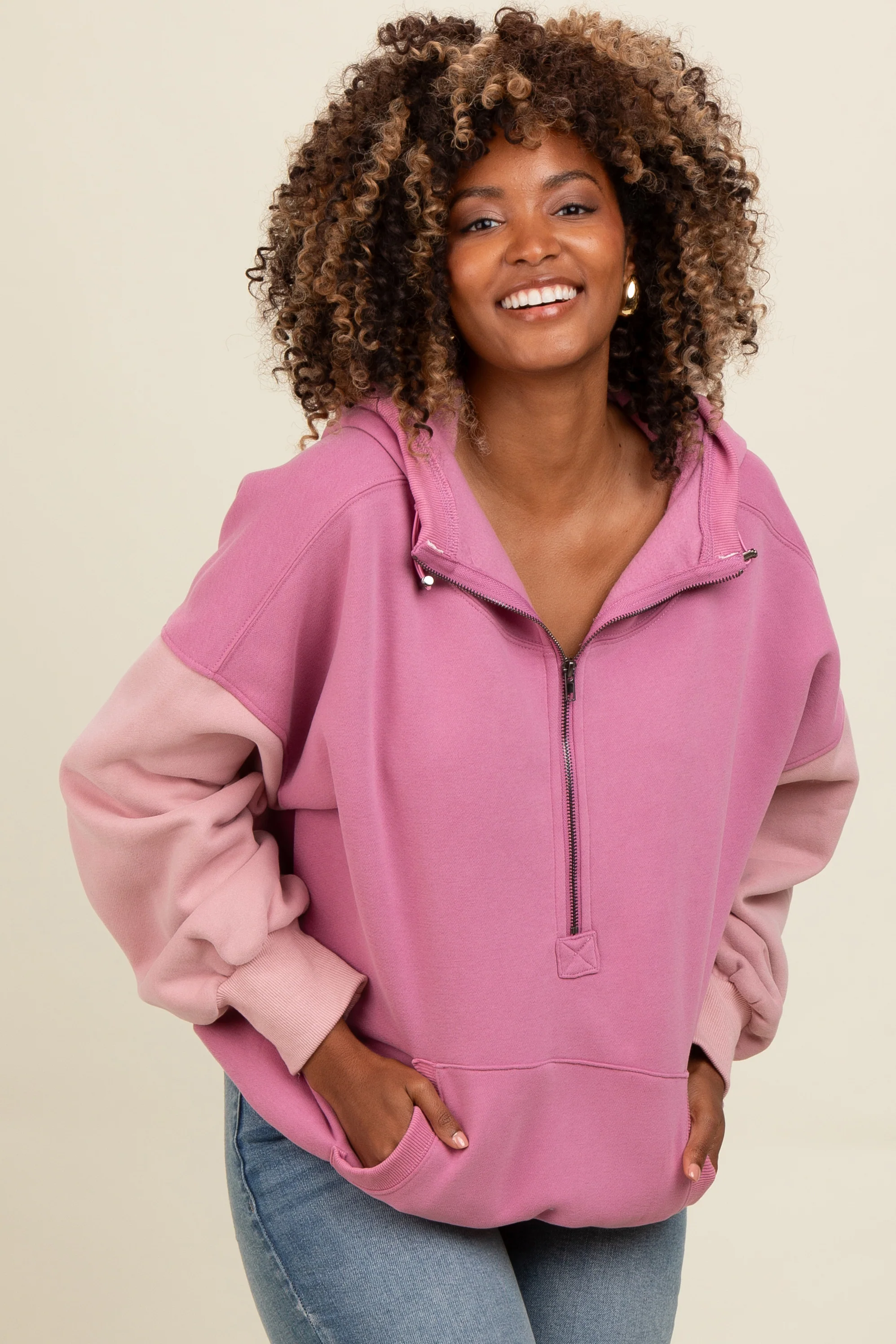 Mauve Colorblock Half Zip Maternity Hoodie - Image 5