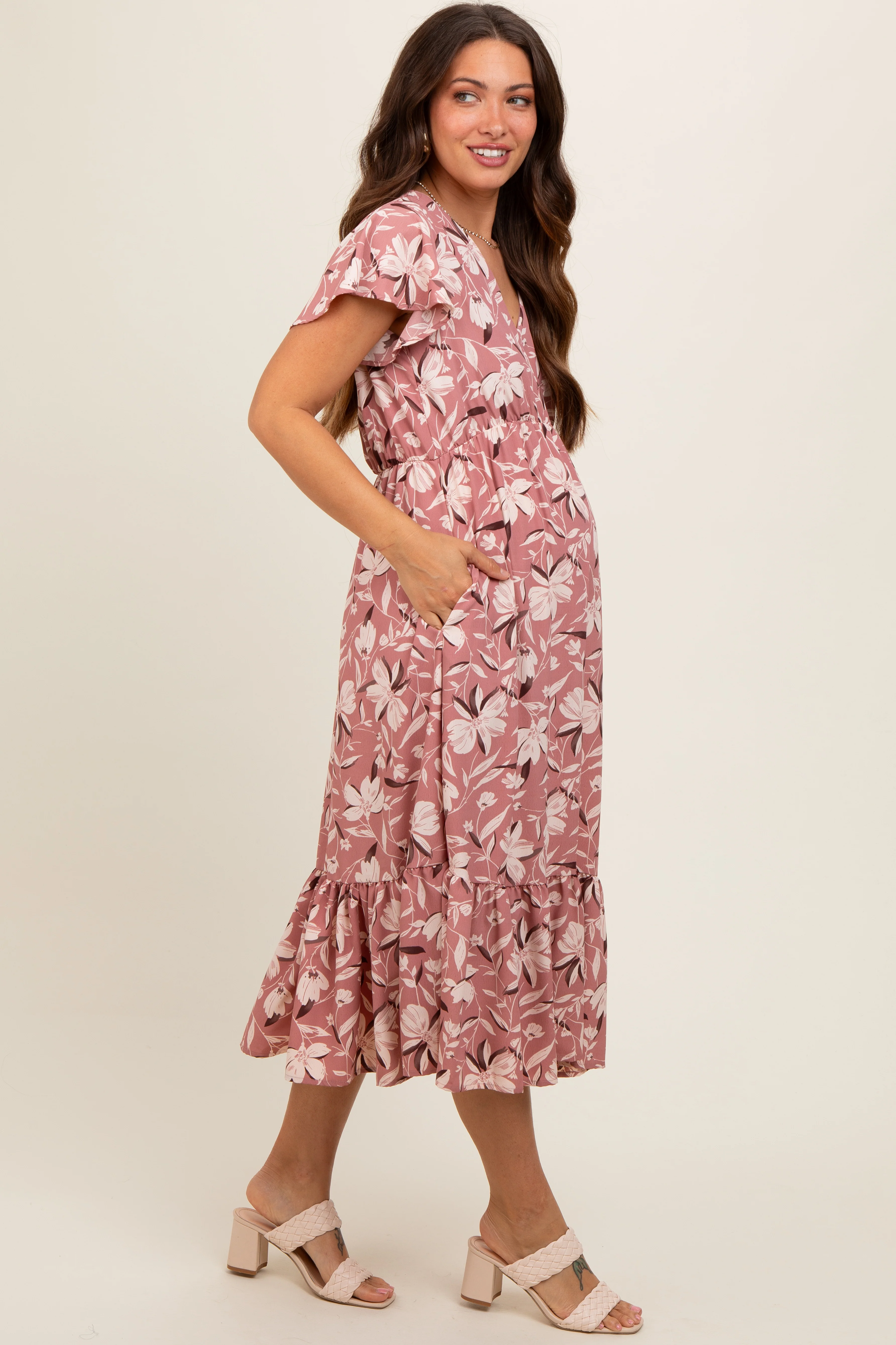 Mauve Floral Flutter Sleeve Maternity Midi Dress - Image 3