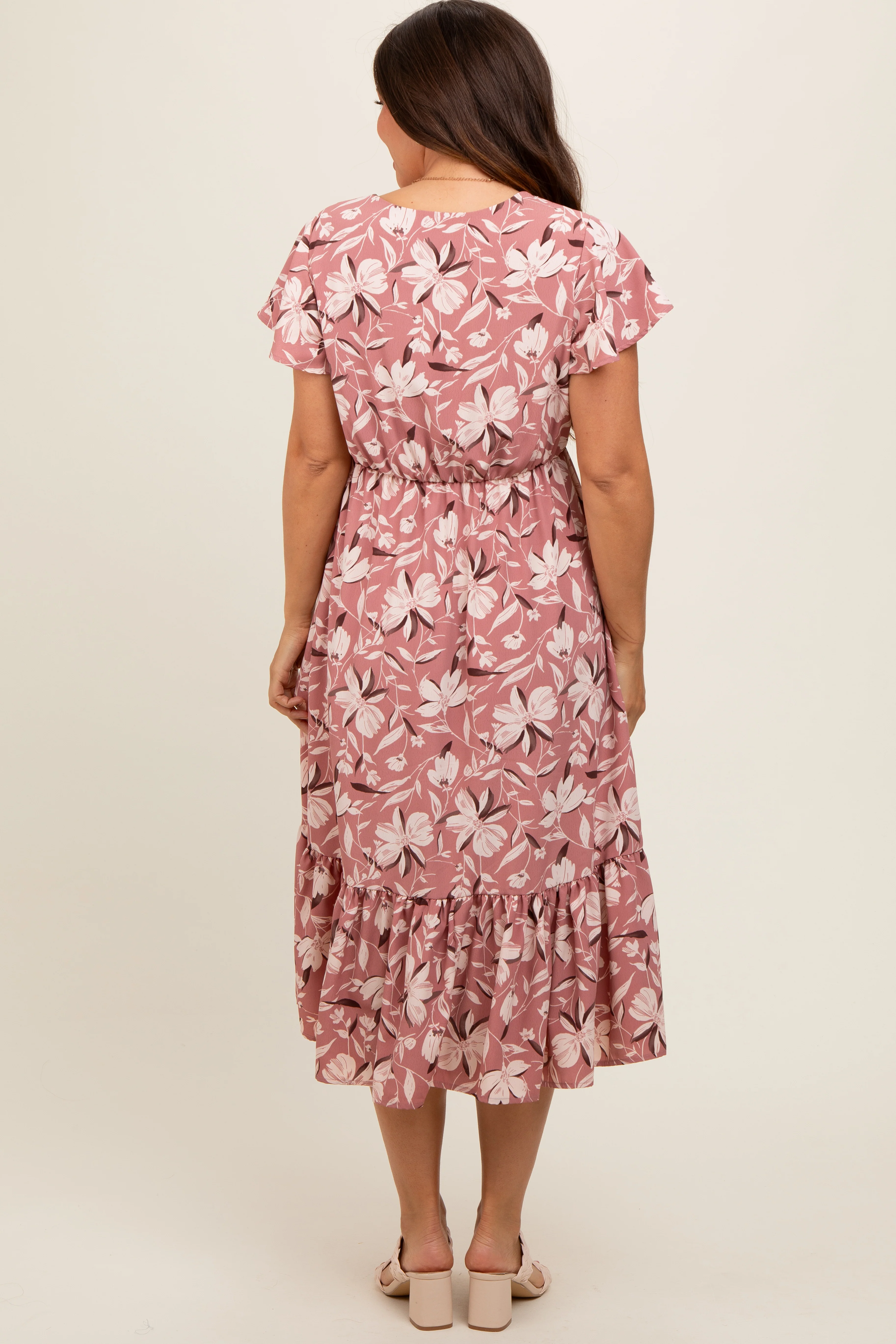 Mauve Floral Flutter Sleeve Maternity Midi Dress - Image 4