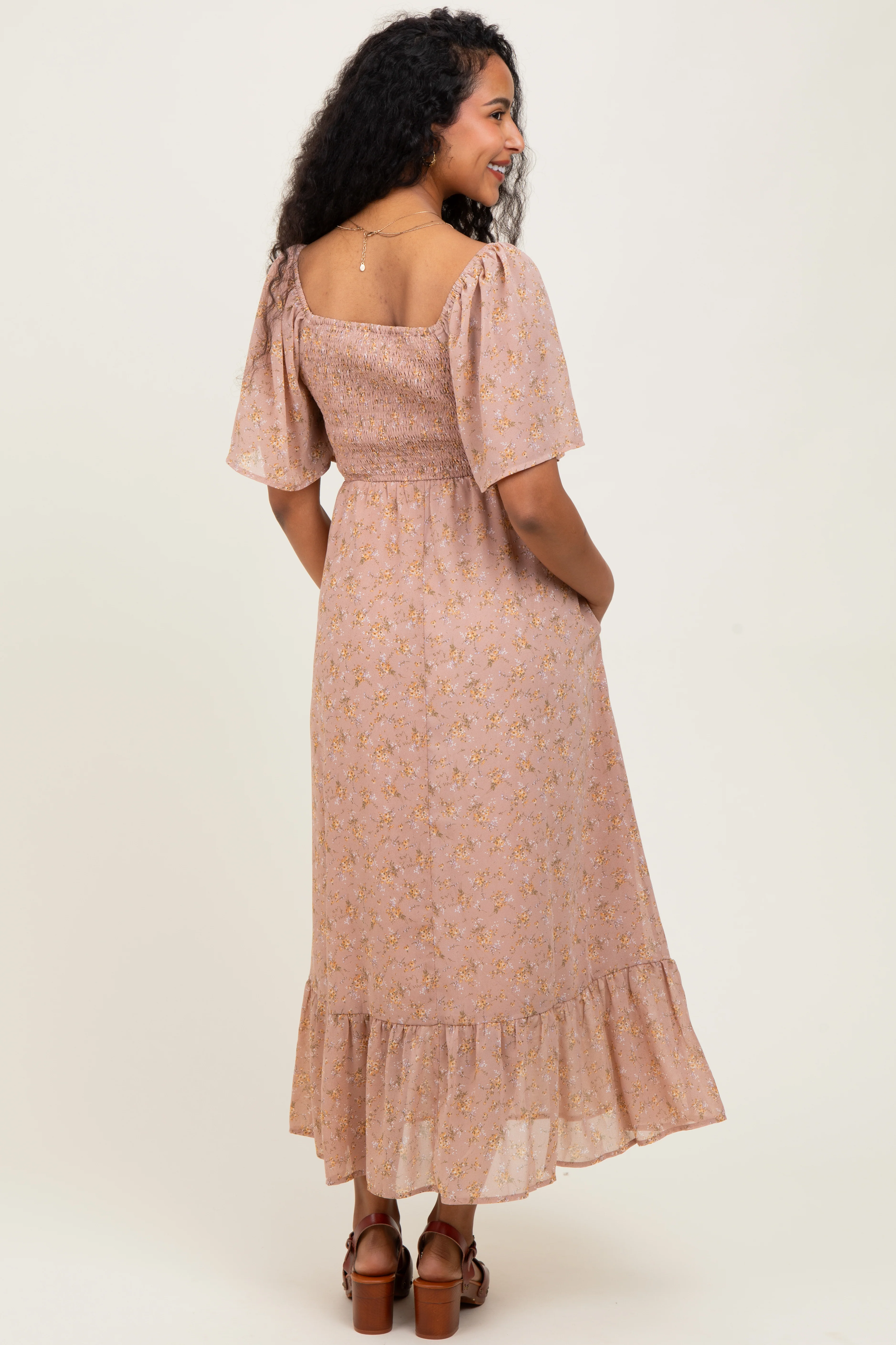 Mauve Floral Flutter Sleeve Ruffle Hem Maternity Midi Dress - Image 3