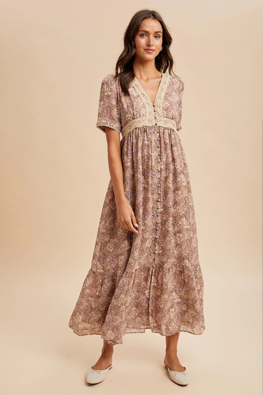 Mauve Floral Lace Detail Button Down Maternity Maxi Dress - Image 4