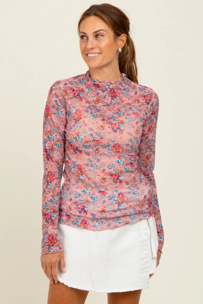 Mauve Floral Lace Long Sleeve Maternity Top - Image 5