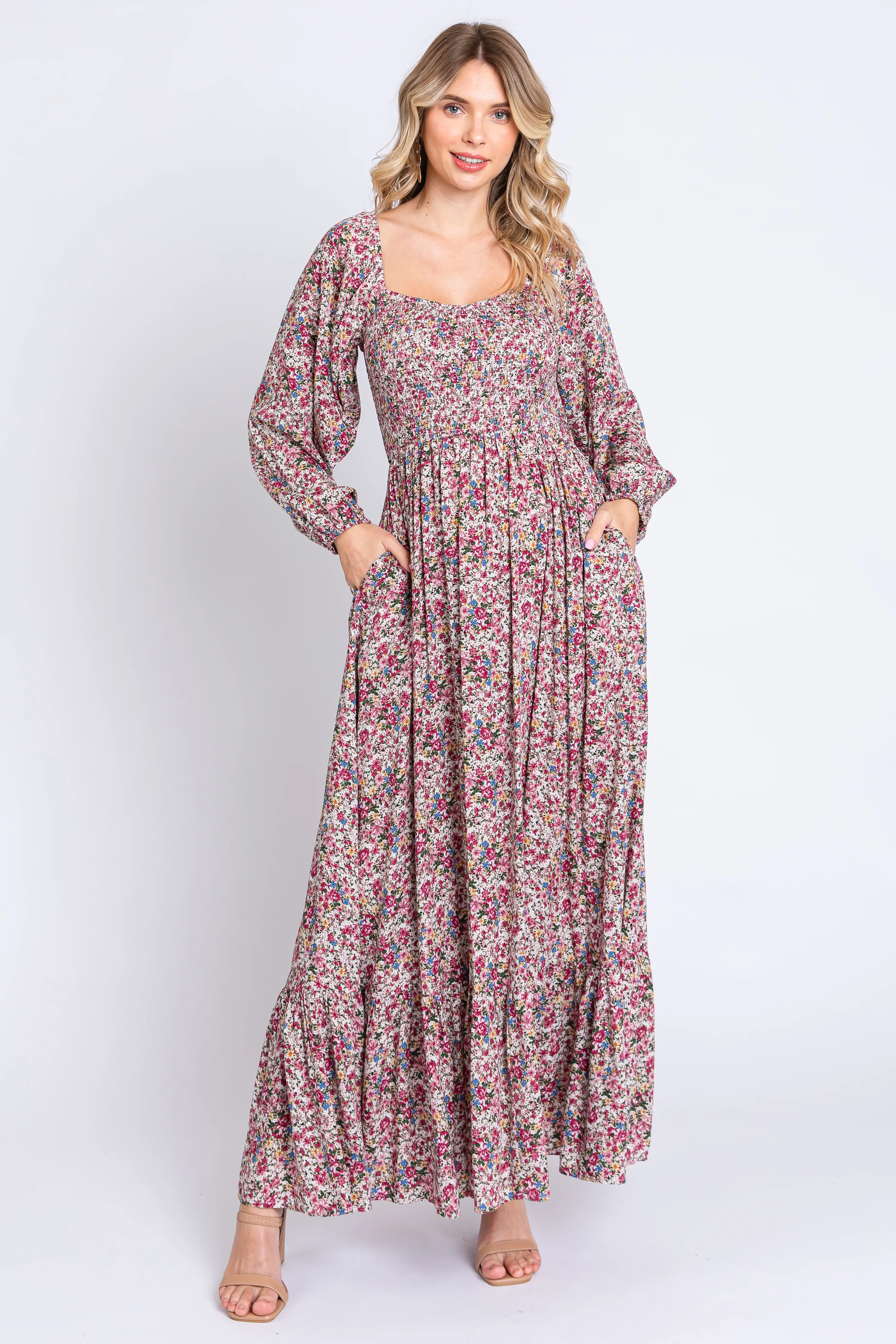 Mauve Floral Long Sleeve Maternity Maxi Dress - Image 5