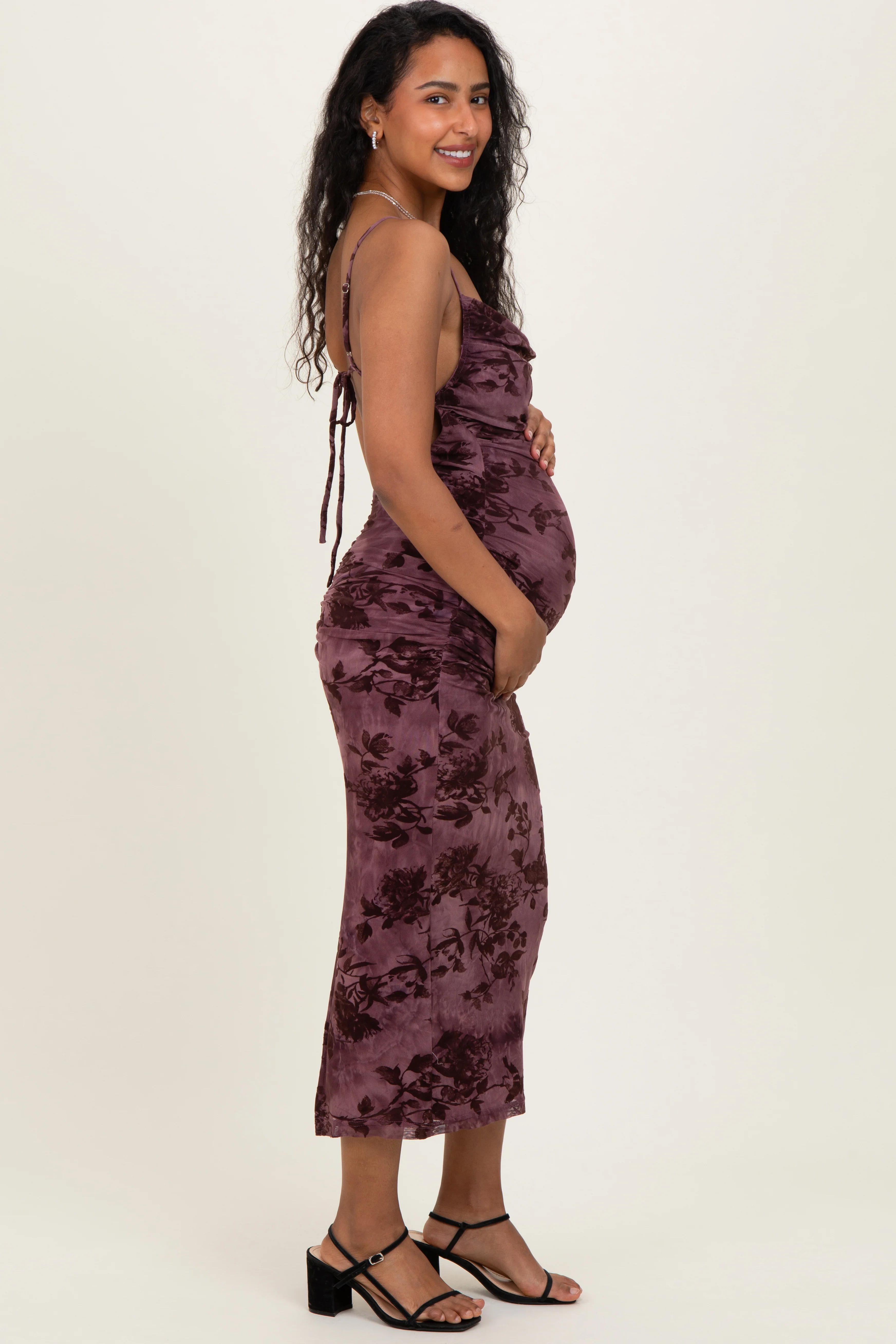 Mauve Floral Mesh Cowl Neck Maternity Midi Dress - Image 3