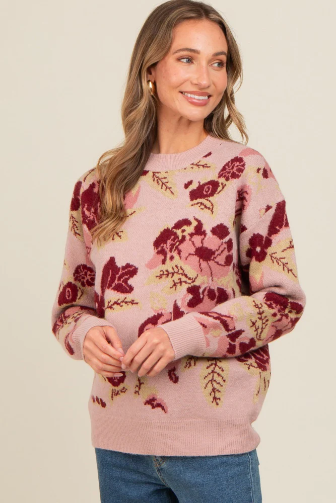 Mauve Floral Print Crew Neck Sweater - Image 3
