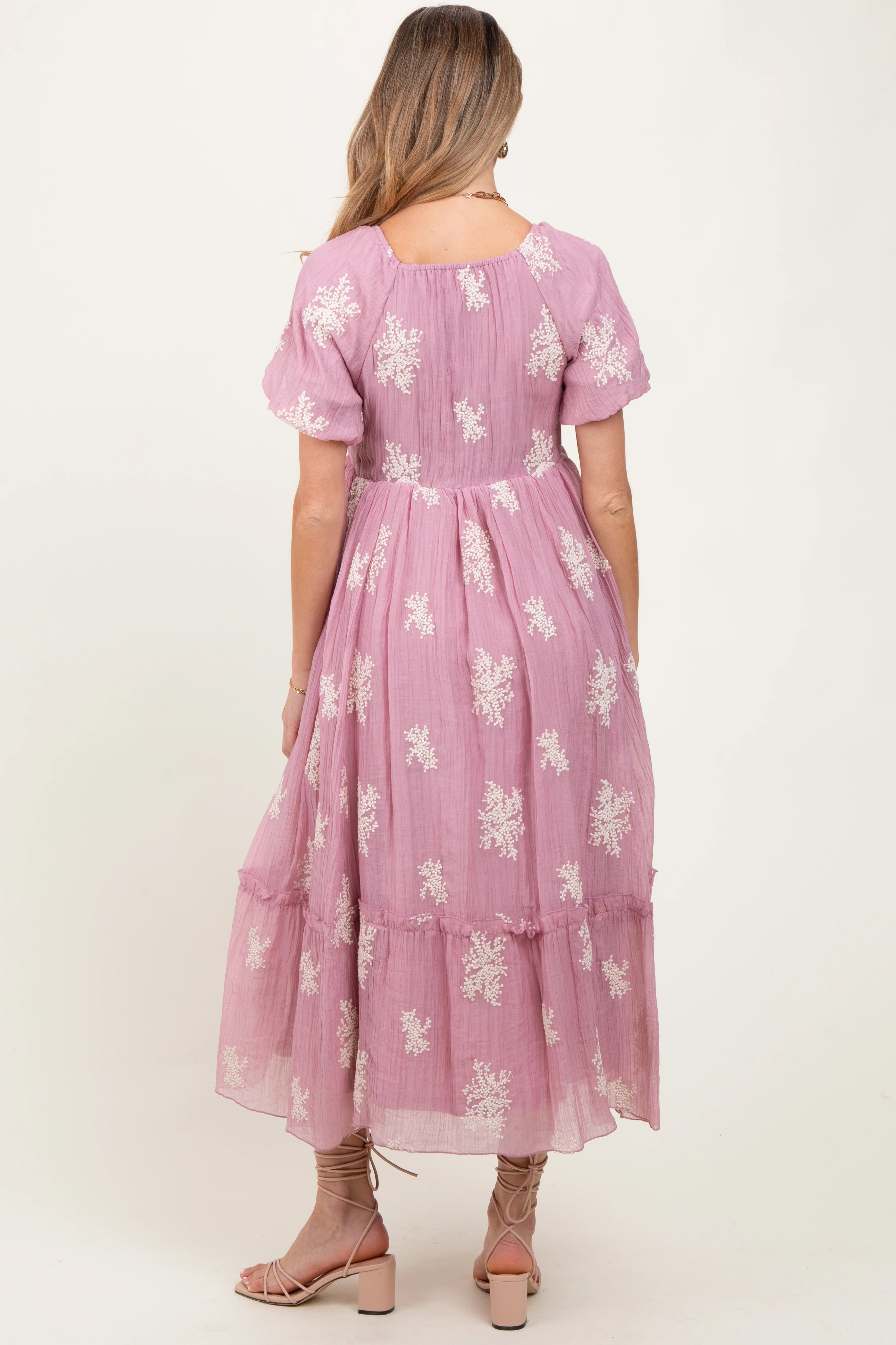 Mauve Floral Print Ruffle Hem Maternity Midi Dress - Image 4