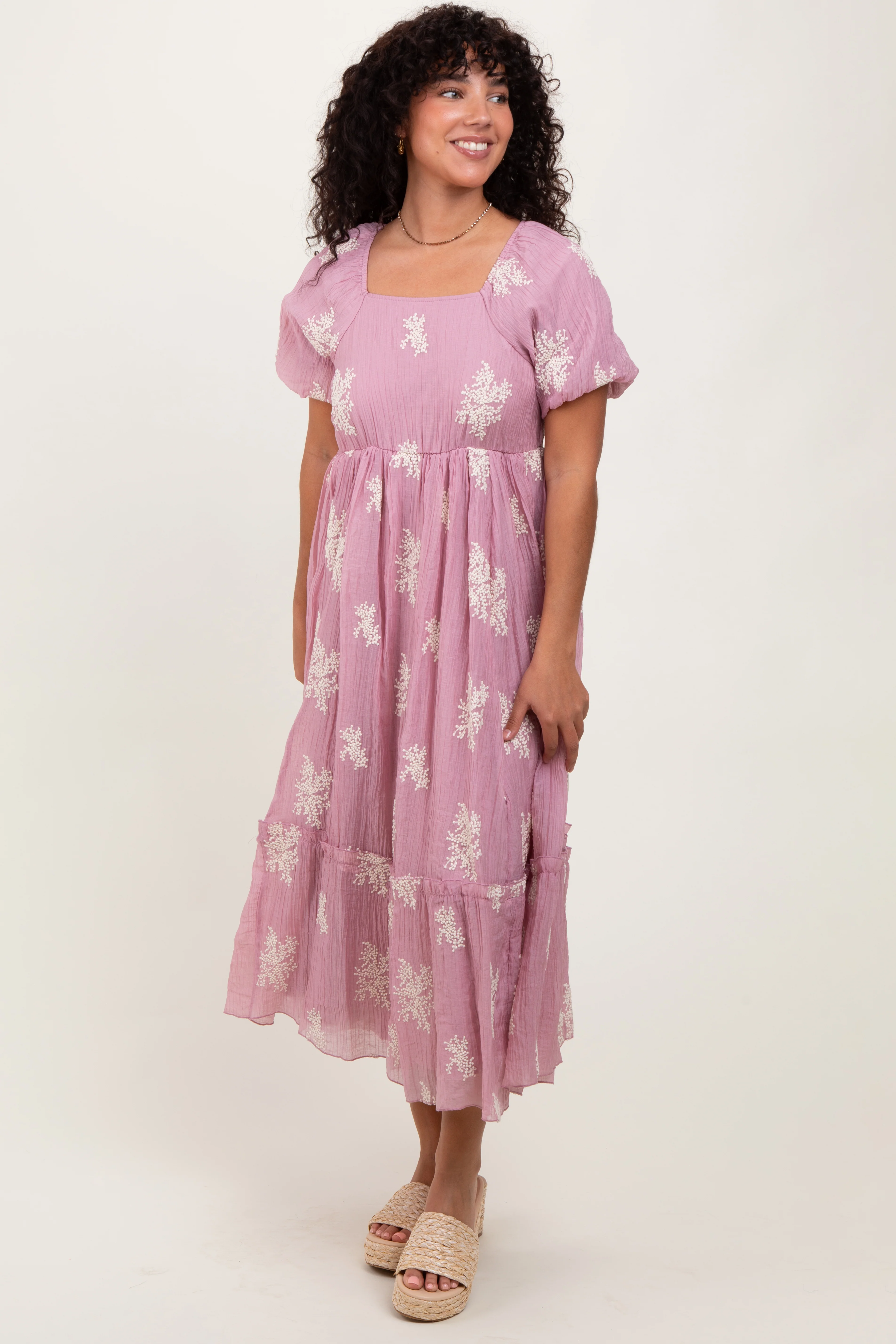 Mauve Floral Print Ruffle Hem Midi Dress - Image 2