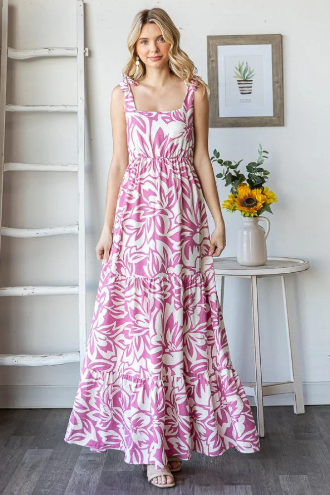 Mauve Floral Shoulder Tie Tiered Maxi Dress - Image 3