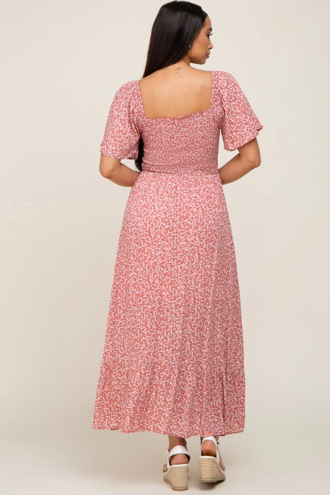 Mauve Floral Smocked Flounce Sleeve Maxi Dress - Image 3
