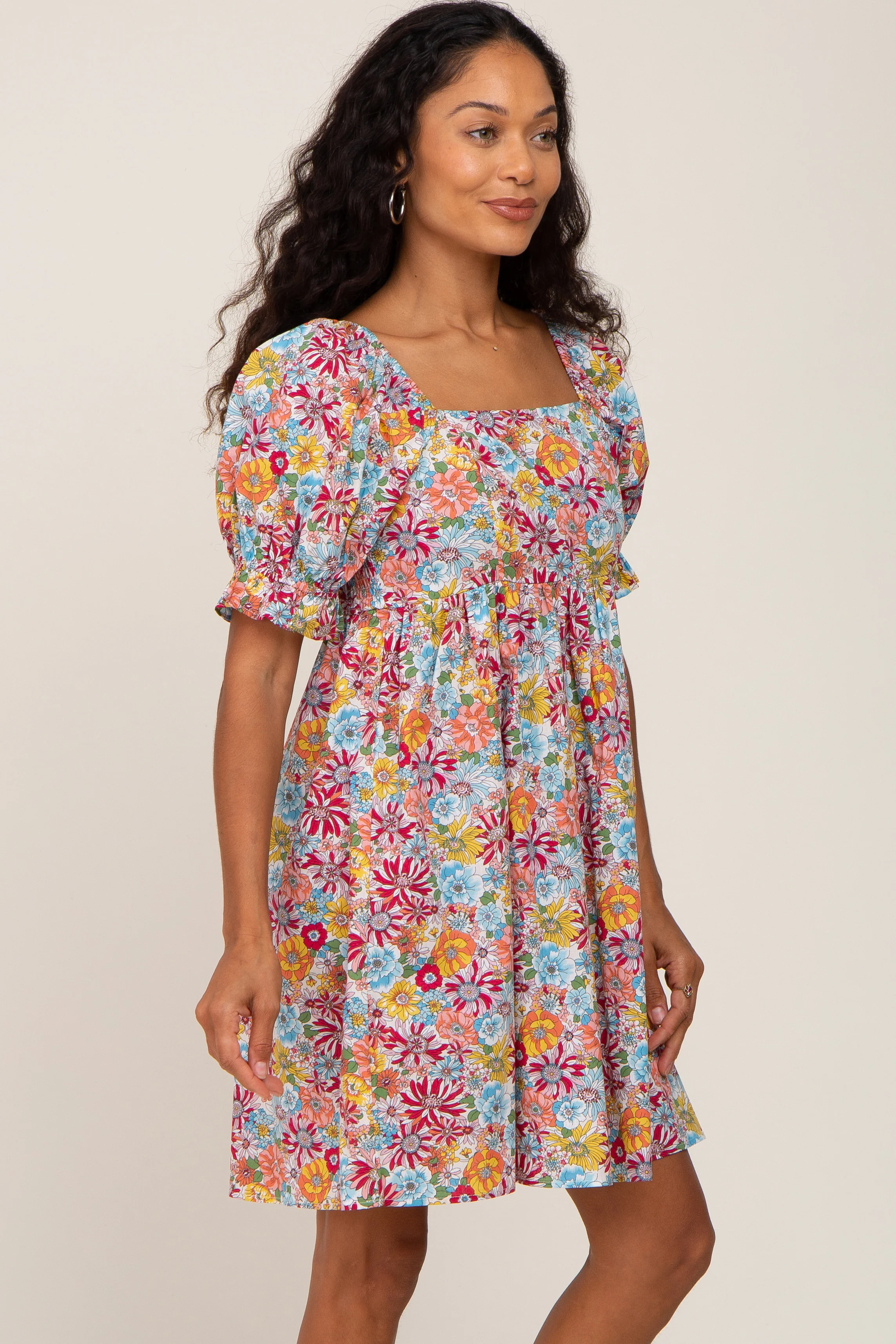 Mauve Floral Square Neck Short Puff Sleeve Dress - Image 2